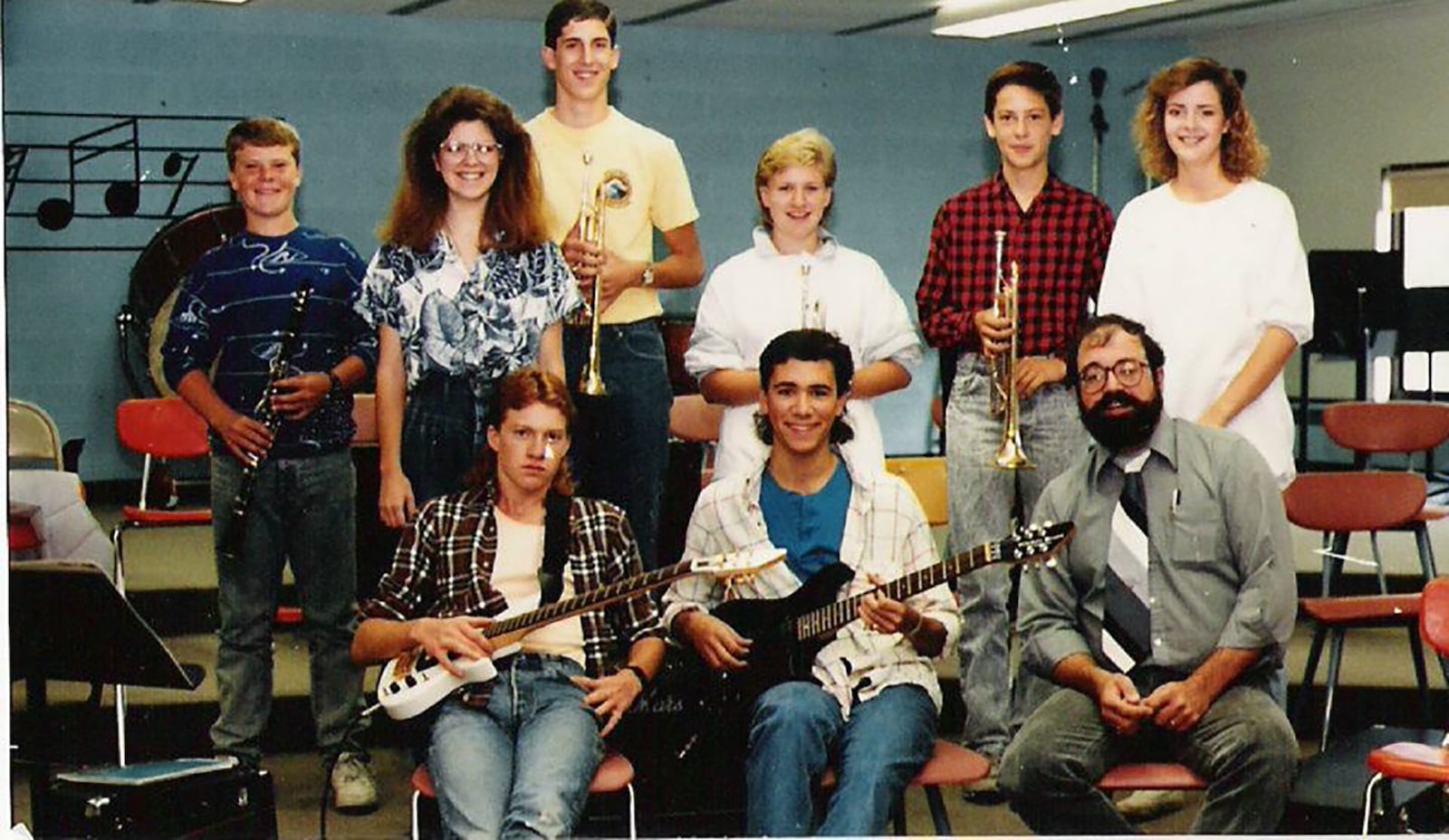 Trego (first row far right) with the Hart High school jazz band in Michigan, 1986.