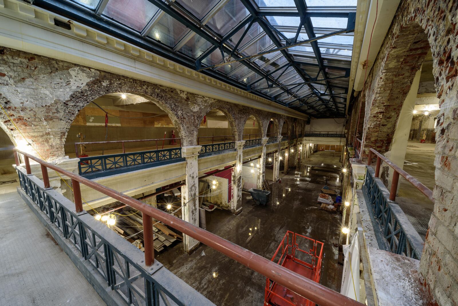 Here’s a look at the Dayton Arcade’s North Arcade after completion of interior demolition and environmental abatement. Once Phase 2 of construction starts, the North Arcade aka 3rd Street Arcade building will be transformed into a 94 room Hilton Garden Inn. Phase 2 of The Arcade redevelopment project is a collaboration between lead developer Cross Street Partners, Model Group, Century Hotel Group and Witness Investment. TOM GILLIAM / CONTRIBUTING PHOTOGRAPHER