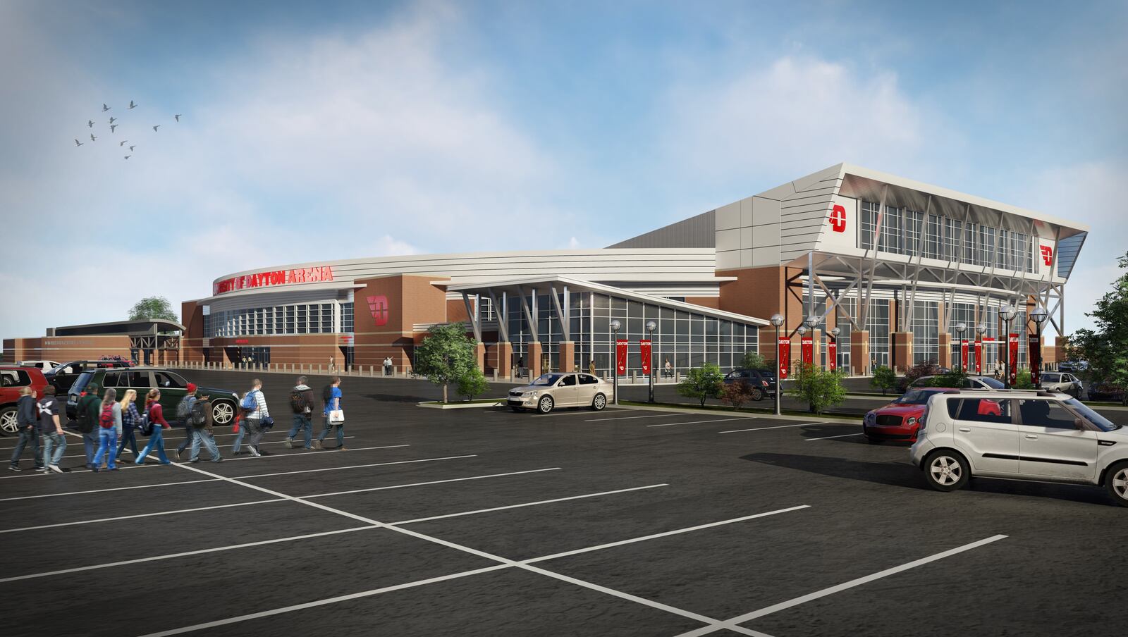 Renderings of proposed renovations to UD Arena. The $72 million in renovations will feature new premier seating, an expanded concourse and changes to the building’s exterior. CONTRIBUTED