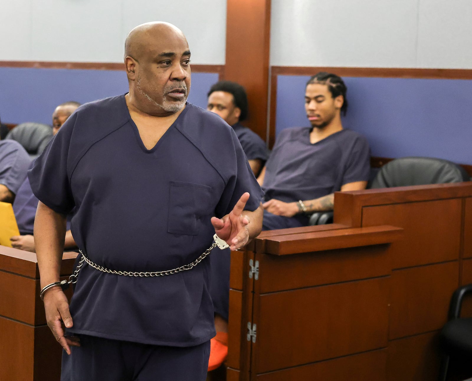 Duane “Keffe D” Davis appears in court for a hearing on a motion to dismiss charges for his involvement in the 1996 killing of rapper Tupac Shakur, Tuesday, Jan. 21, 2025 in Las Vegas. (Ethan Miller/Pool Photo via AP)