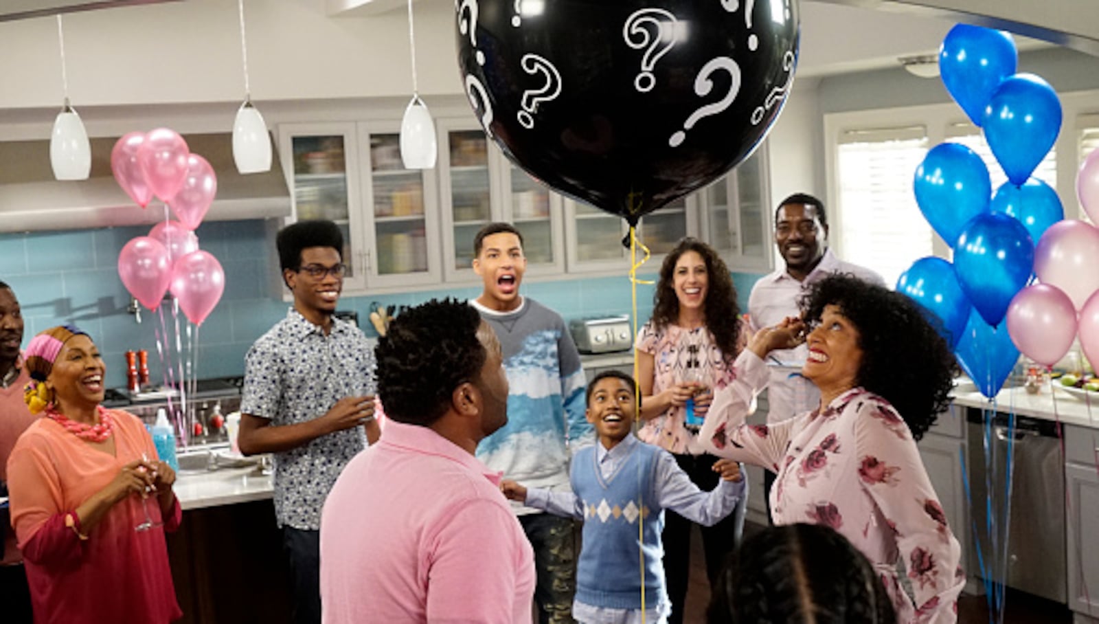 BLACK-ISH - "The Name Game" - Dre and Bow have a gender reveal party, and Dre is thrilled because it's his turn to name the baby. He decides on a culturally significant name that Bow and Ruby aren't a fan of. Meanwhile, Zoey's plan to have an anti-Valentine's Day with her friend Shelly is thwarted when Junior asks Shelly out on a date, so Diane tries to fill in as Zoey's BFF, on "black-ish," WEDNESDAY, FEBRUARY 8 (9:31-10:00 p.m. EST), on the ABC Television Network. (Kelsey McNeal/ABC via Getty Images)
JENIFER LEWIS, MARCUS SCRIBNER, MILES BROWN, TRACEE ELLIS ROSS