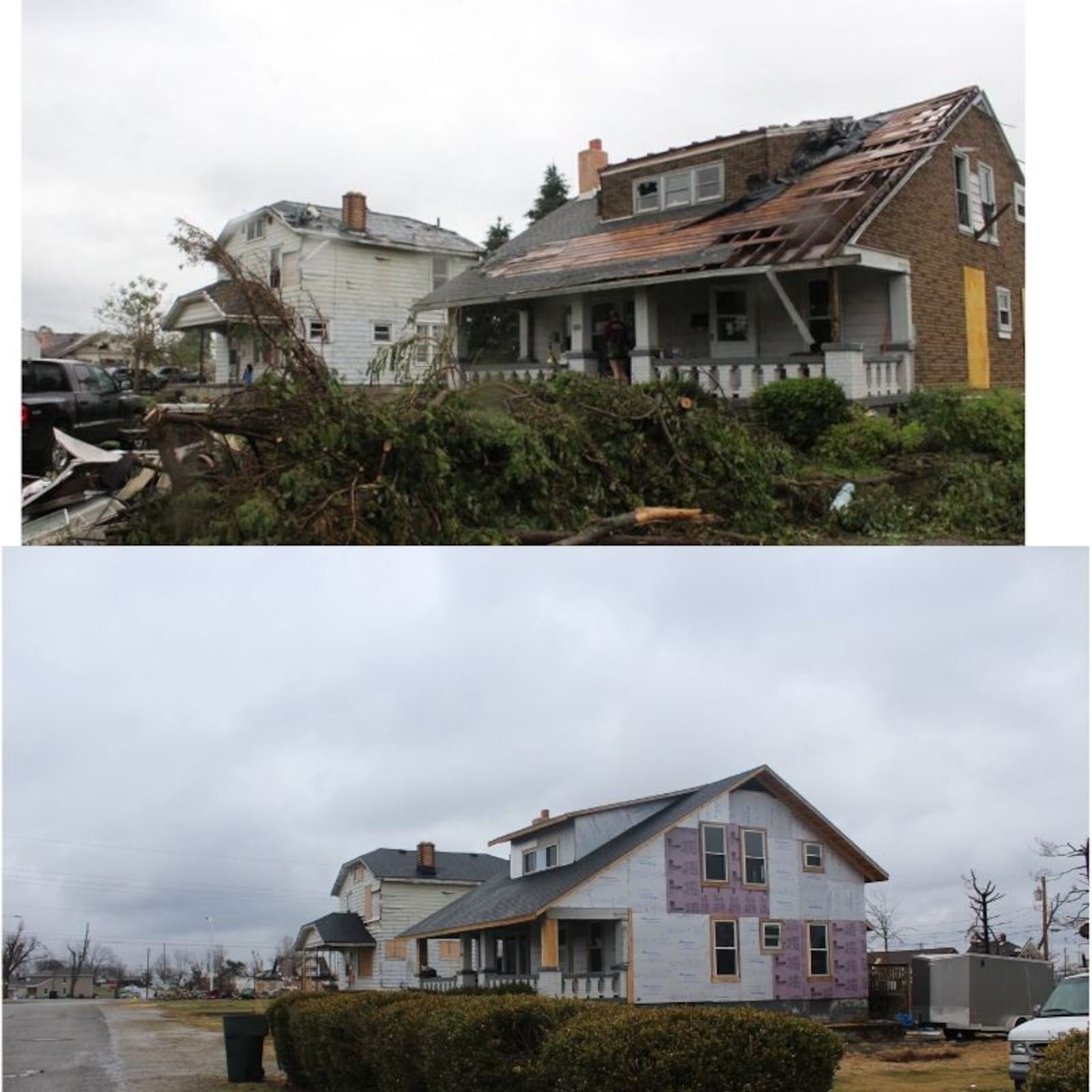 Repair work has continues at Robin and Chris Sassenberg's home (pictured on the right) on Hillsdsale in Dayton. Much progress has happened since the Memorial Day tornadoes. The couple purchased the home on the left.