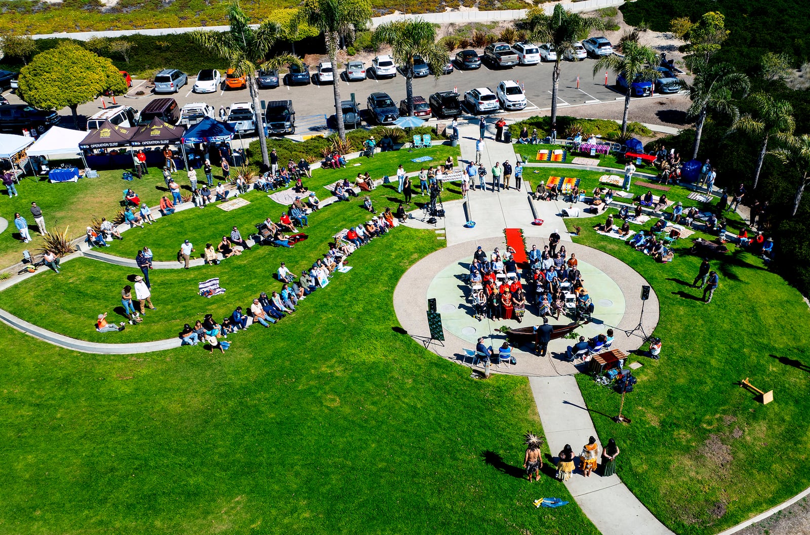 Public gathered for the celebration of "Indigenous Peoples' Day Picnic In The Park 2024" and Chumash Heritage National Marine Sanctuary at Dinosaur Caves Park, Pismo Beach, Calif. on Monday, October. 14, 2024. (Robert Schwemmer via AP)