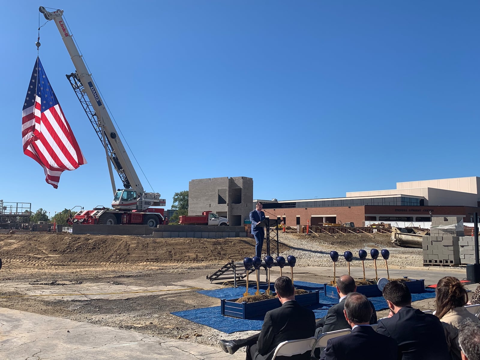 Cedarville University President Thomas White speaks before breaking ground on teh $40 million Lorne Scharnberg Center Friday. LONDON BISHOP/STAFF