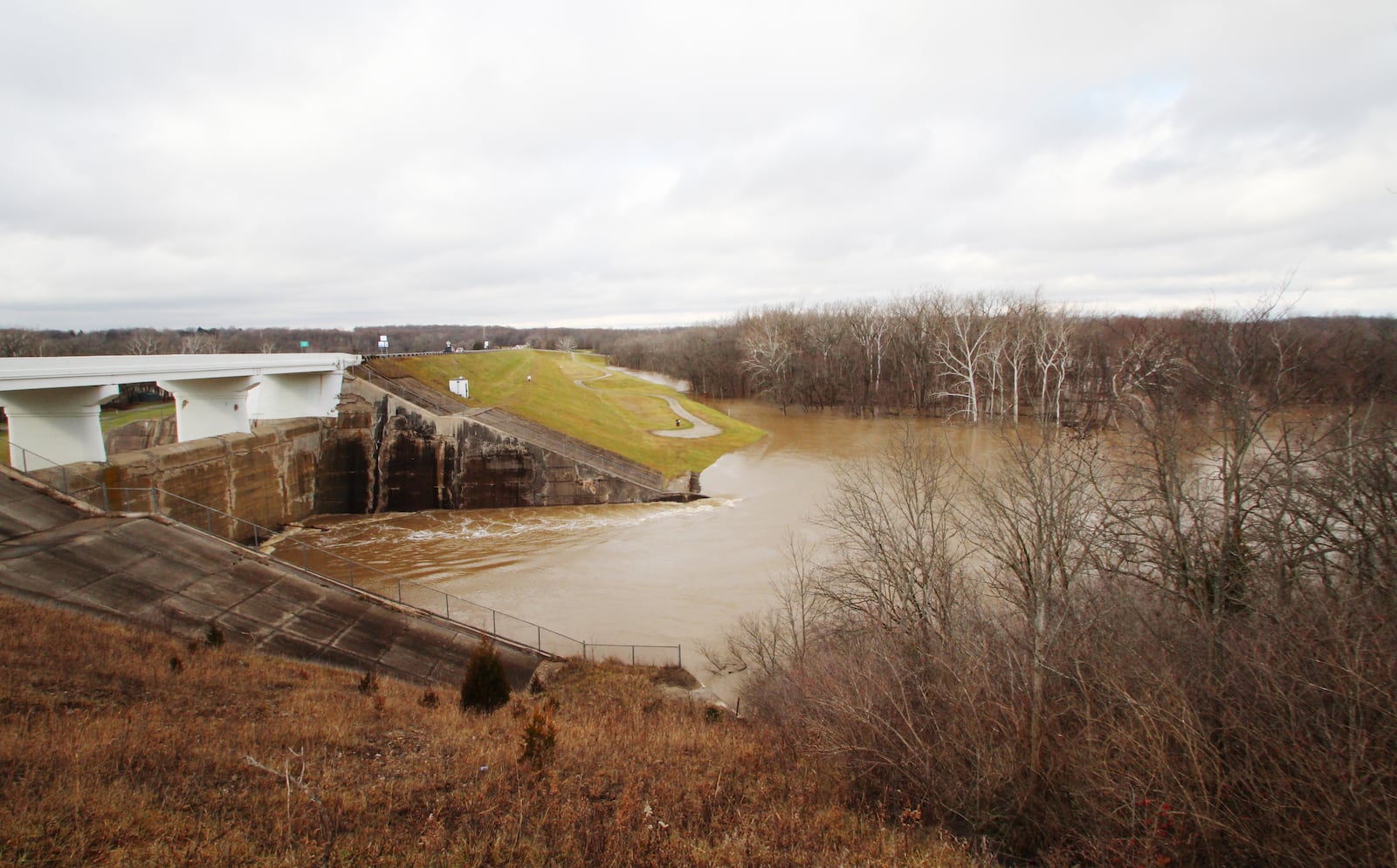 Taylorsville Dam holds back water on Dec. 22, 2013. The storage event over a four-day span in December 2013 is the fifth-largest event on record of total water held back by all the Miami Conservancy District Dams. MIAMI CONSERVANCY DISTRICT PHOTO