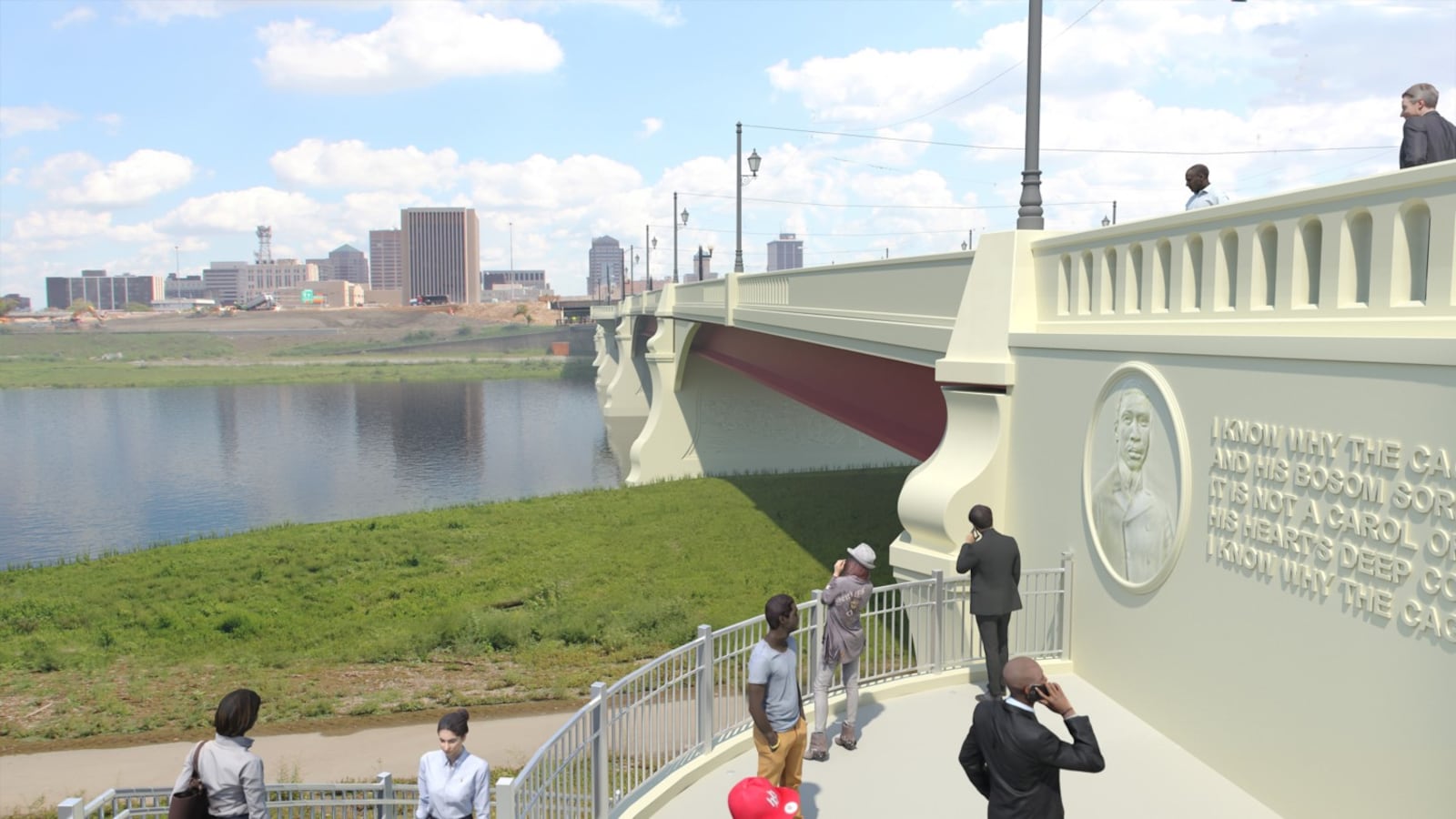 An architect's rendering shows how Montgomery Countys most expensive bridge project  a planned $21.6 million span of Third Street across the Great Miami River  will look when the project is completed by the end of 2022. A panel at right honors the Dayton poet Paul Laurence Dunbar. SUBMITTED / CREATIVE DESIGN RESOLUTIONS, INC.