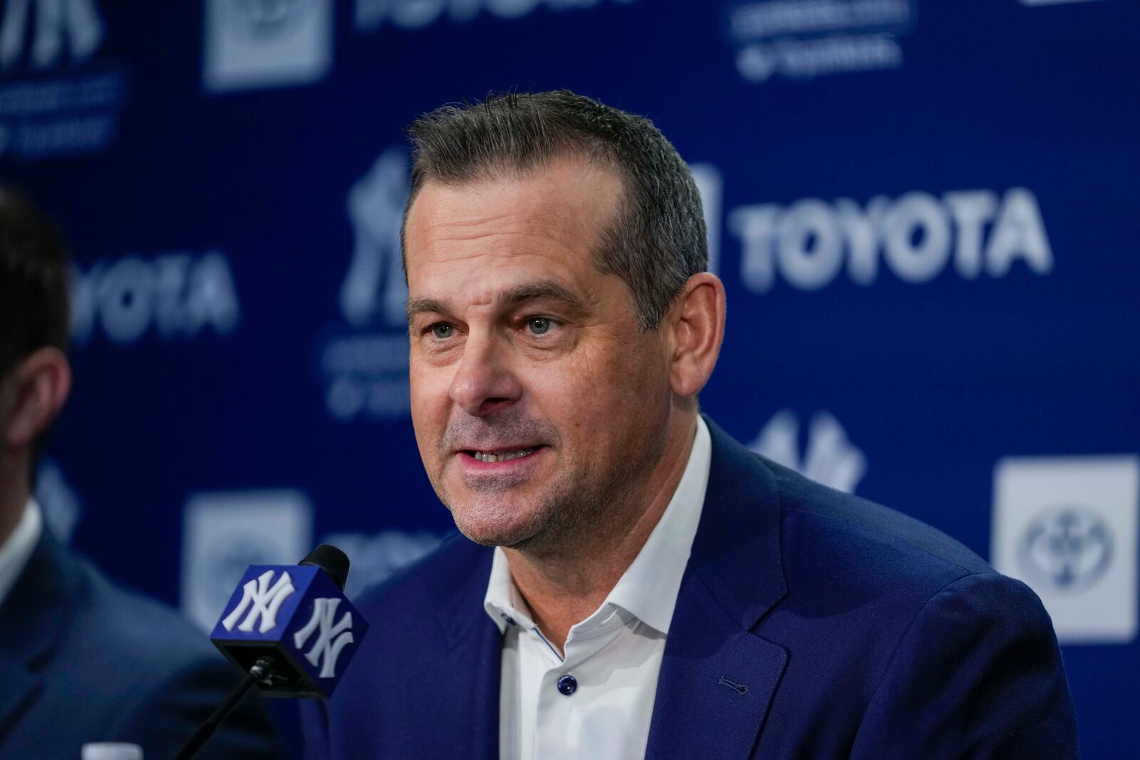 FILE - New York Yankees manager Aaron Boone gives a press conference, Dec. 18, 2024, in New York. (AP Photo/Frank Franklin II, File)