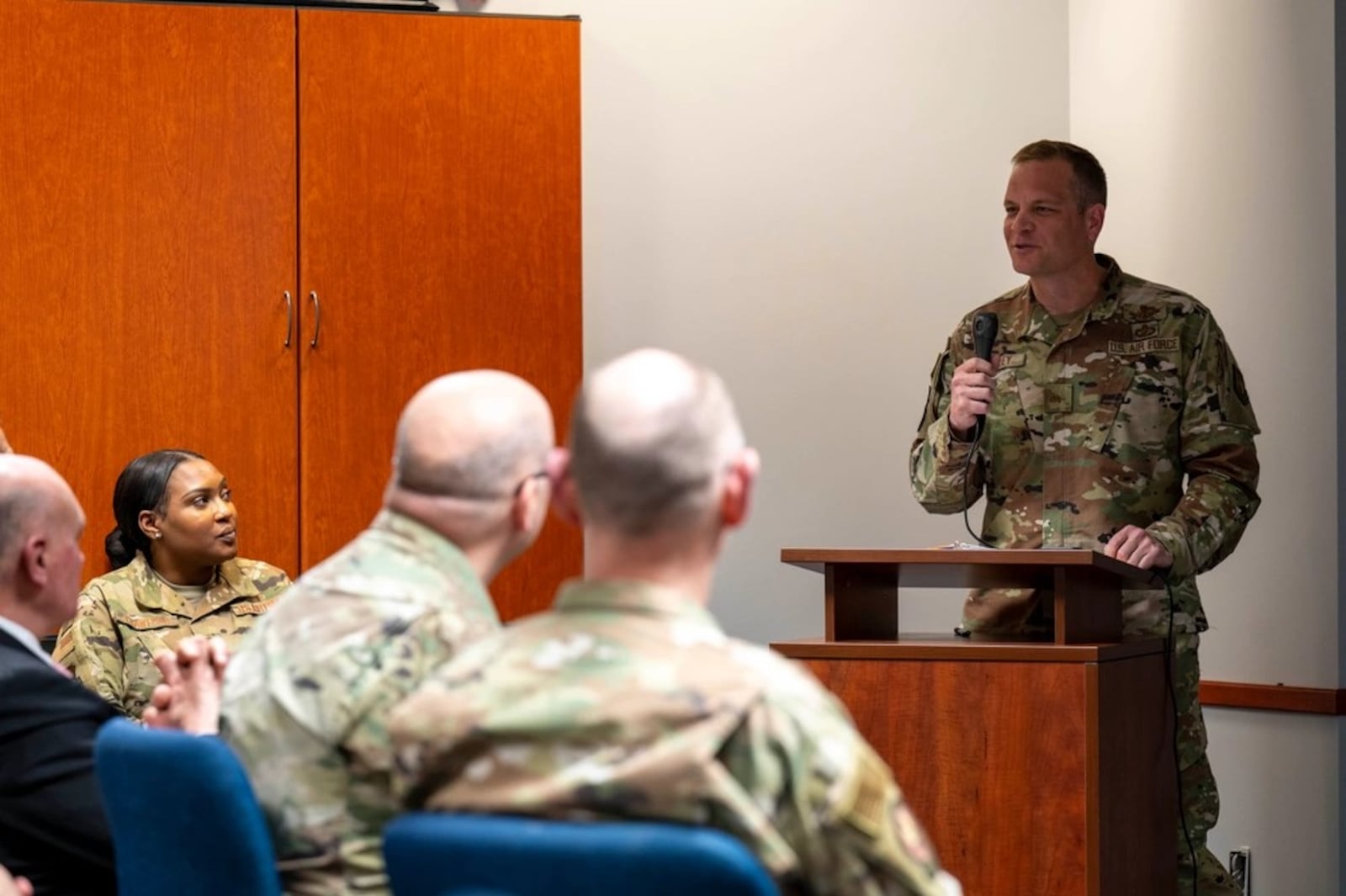 Brig. Gen. Erik Quigley, Air Force Life Cycle Management Center Bombers Directorate program executive officer, addresses attendees during a Change of Leadership ceremony on Wright-Patterson Air Force Base, April 5, 2024. Quigley was responsible for the sustainment and modernization of the bombers portfolio, which includes the B-1, B-2, and B-52. (U.S. Air Force photo by Staff Sgt. Mikaley Kline)