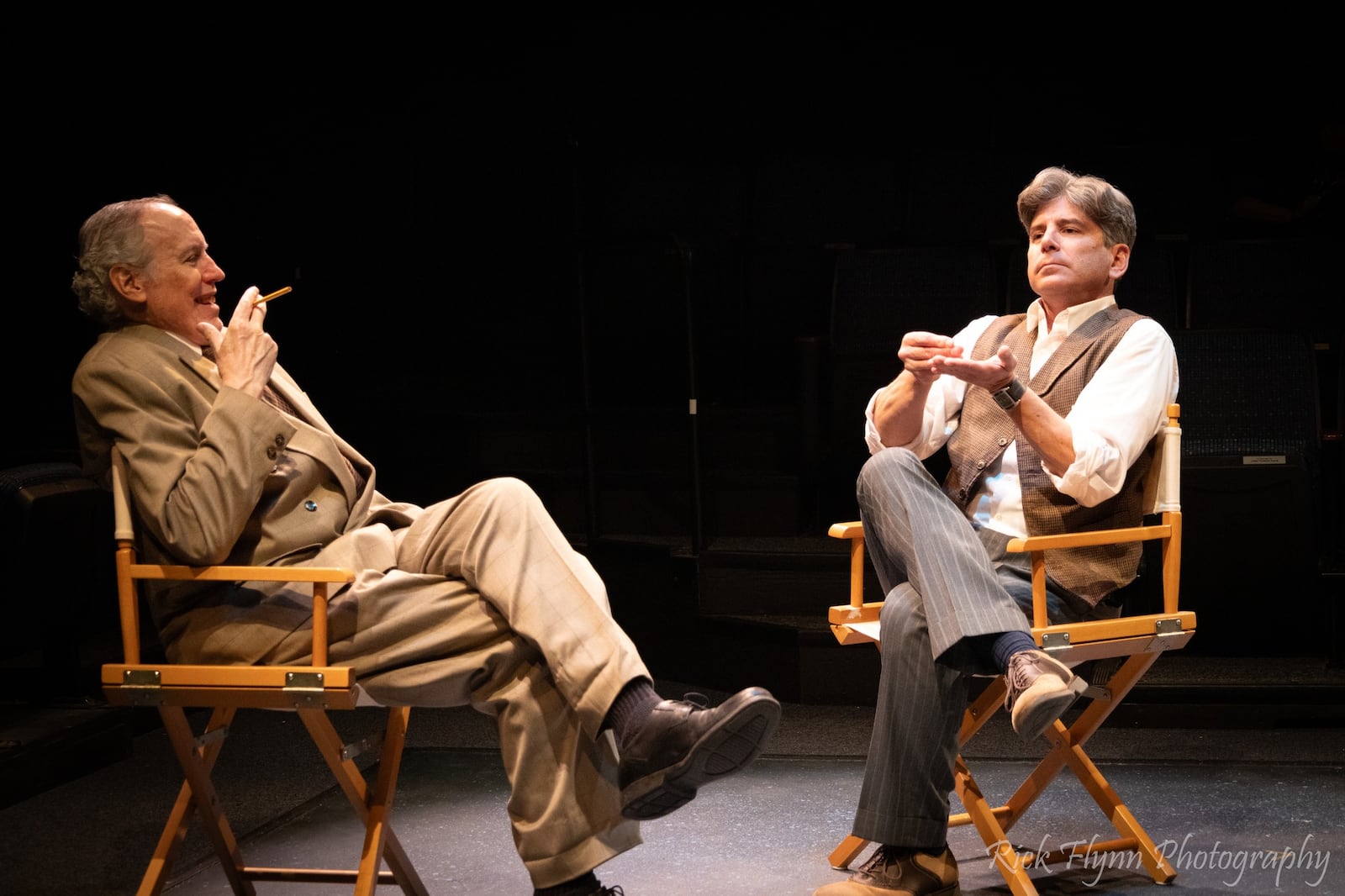 David Shough (left as Upton Sinclair) and Matt Lindsay (Charlie Chaplin) in Dayton Theatre Guild's production of "Campaigns, Inc." RICK FLYNN PHOTOGRAPHY