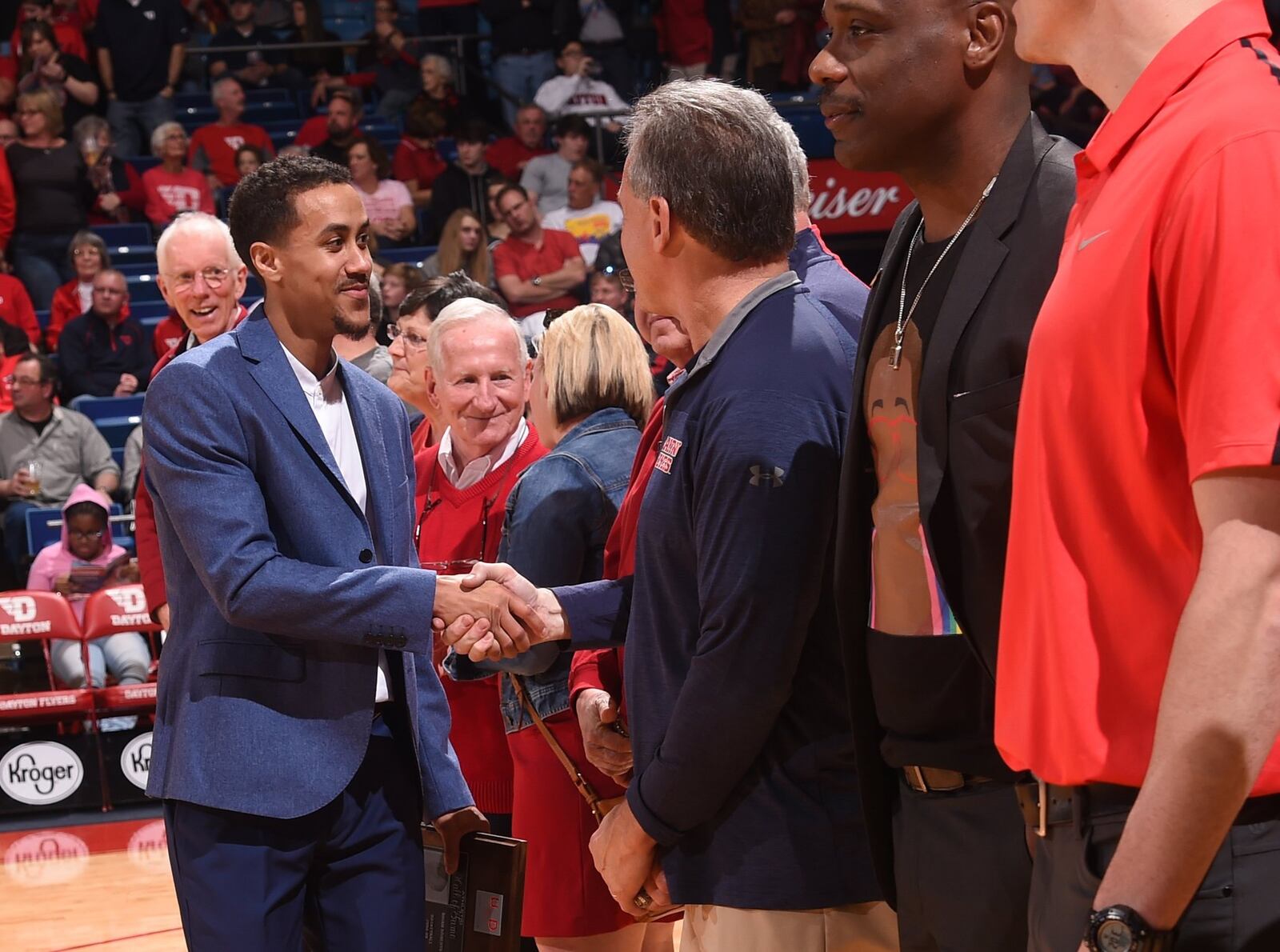 Flyers legend Brian Roberts is honored at halftime of Saturday’s win over St. Bonaventure with induction into the UD Athletic Hall of Fame. ERIK SCHELKUN / CONTRIBUTED