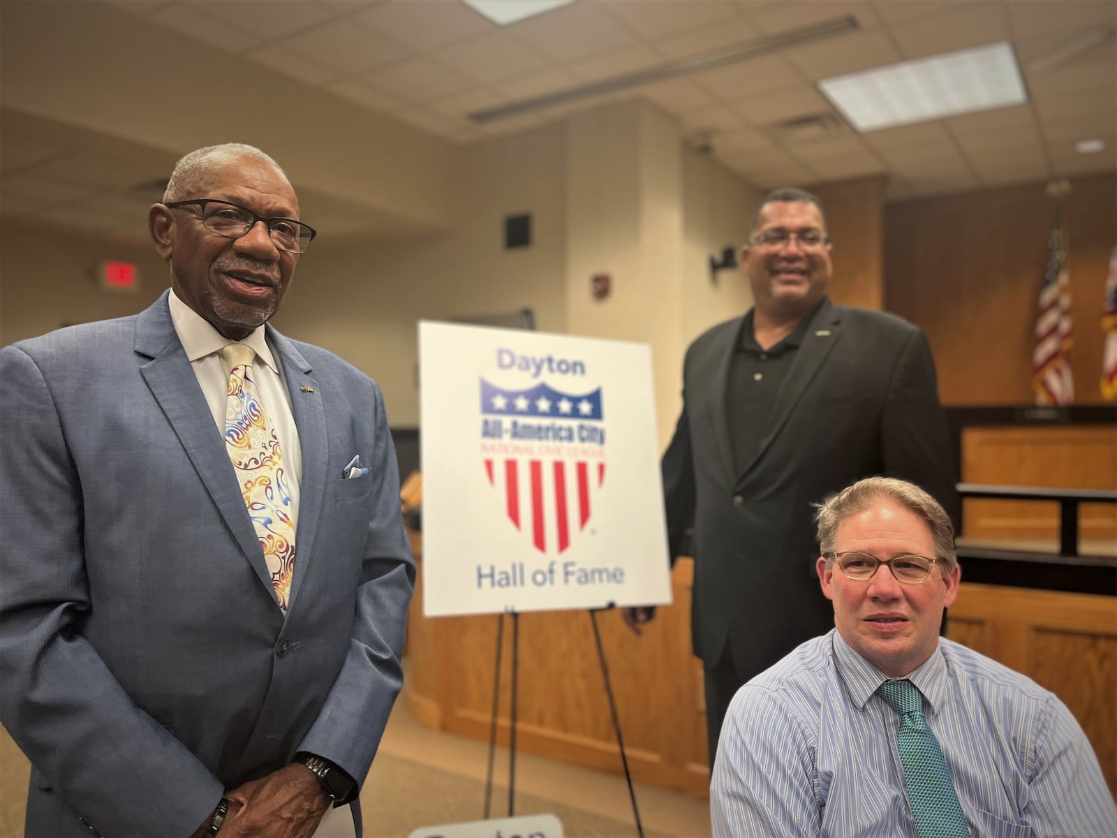 Dayton Mayor Jeffrey Mims Jr. and commissioners Darryl Fairchild and Chris Shaw at a press conference Tuesday about the city's induction into the National Civic League Hall of Fame. CORNELIUS FROLIK / STAFF