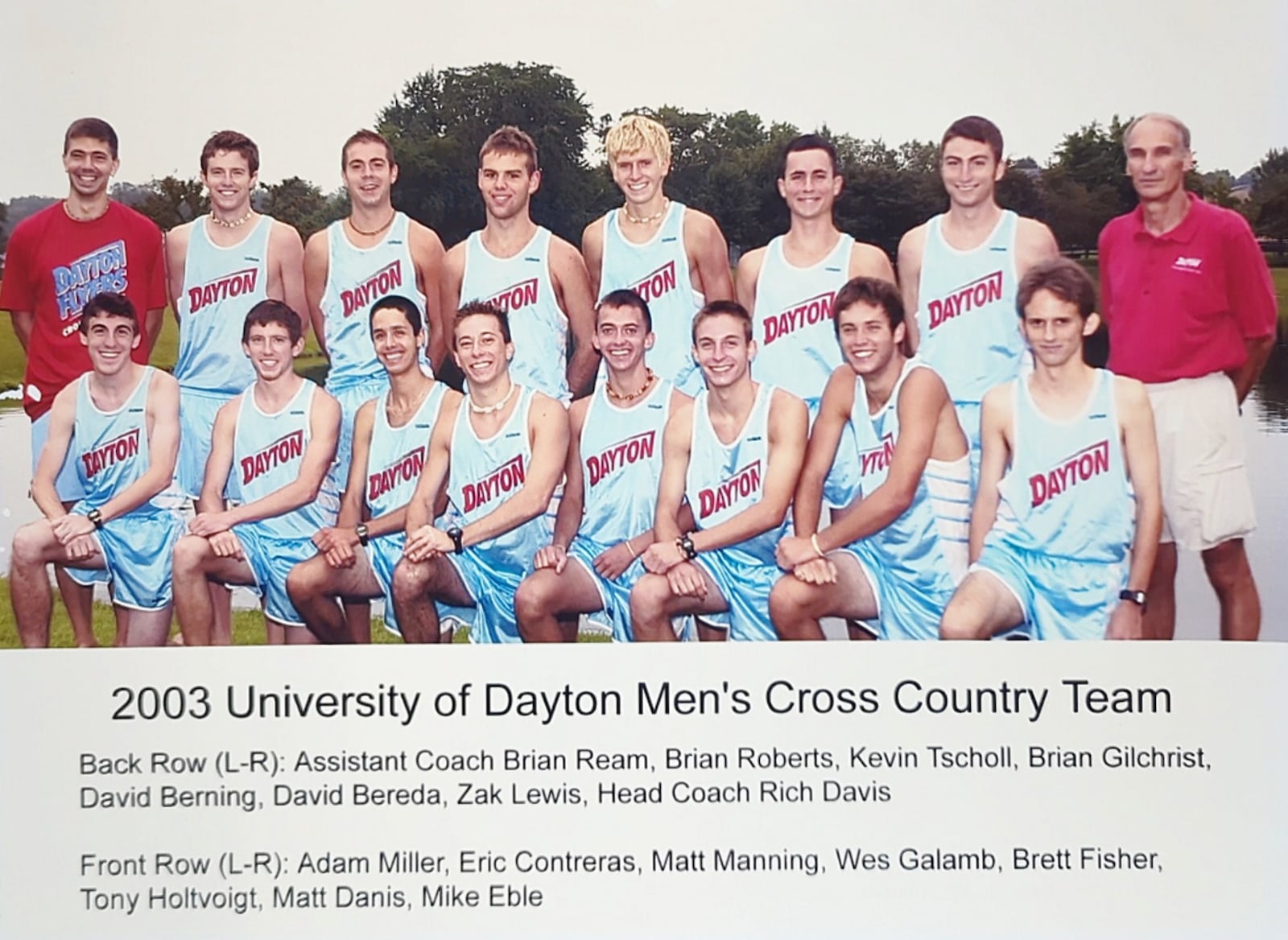 The Dayton cross country team poses for a team photo in Chapel Blue uniforms in 2003. Contributed photo