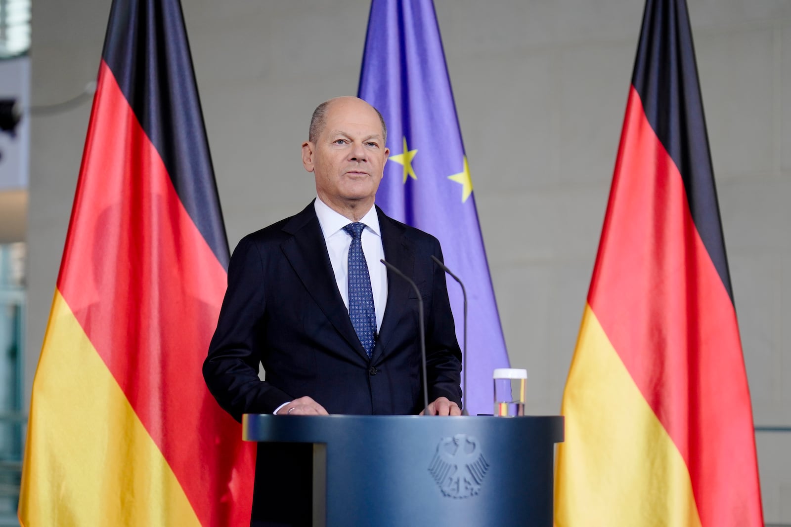 German Chancellor Olaf Scholz gives a statement at the chancellery in Berlin, Germany, Wednesday, Jan. 8, 2025. (AP Photo/Markus Schreiber)