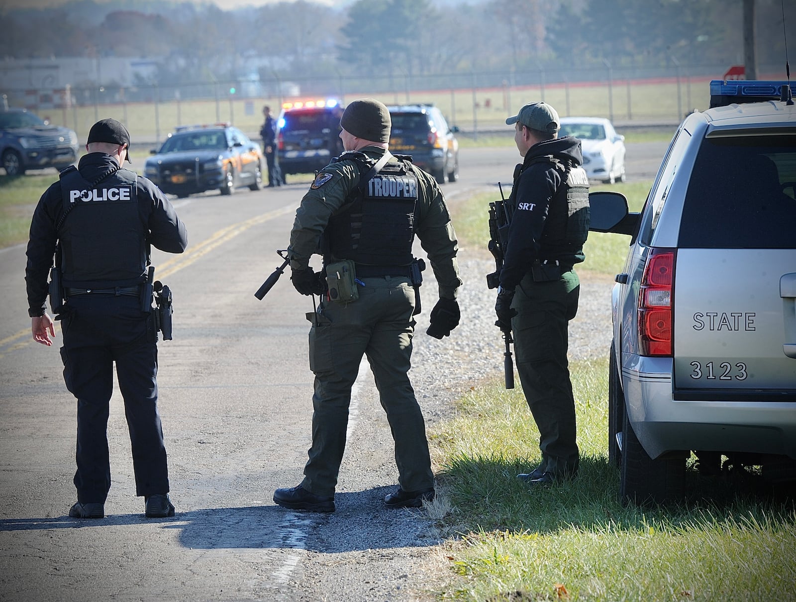 Ohio State Highway Patrol troopers, Greene and Clark sheriff's deputies, and Huber Heights fire and police were searching for a stolen truck and suspect on Haddix Road on Tuesday, Nov. 30, 2021. MARSHALL GORBY / STAFF