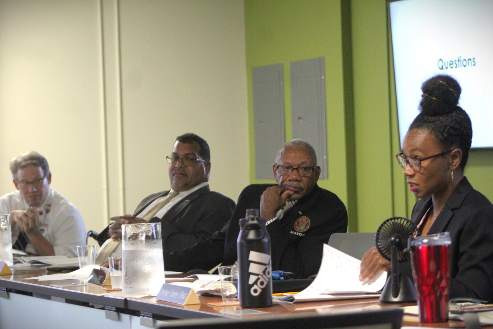 Dayton City Commissioner Shenise Turner-Sloss talks about a draft of the Dayton Housing Policy with city staff and Commissioners Chris Shaw and Darryl Fairchild and Mayor Jeffrey Mims Jr. on Aug. 23, 2023. CORNELIUS FROLIK / STAFF