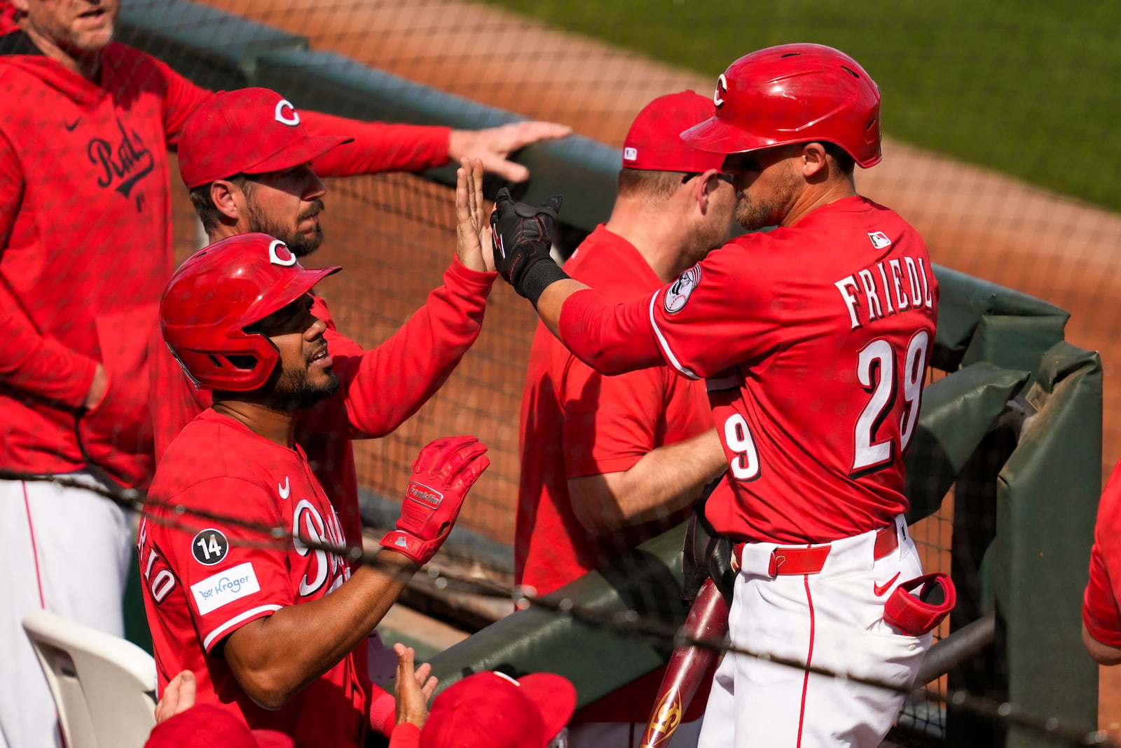 Cincinnati Reds' TJ Friedl (29) returns to the dugout after scoring off of a single hit by Matt McLain during the fifth inning of a spring training baseball game against the Los Angeles Dodgers, Monday, Feb. 24, 2025, in Goodyear, Ariz. (AP Photo/Ashley Landis)