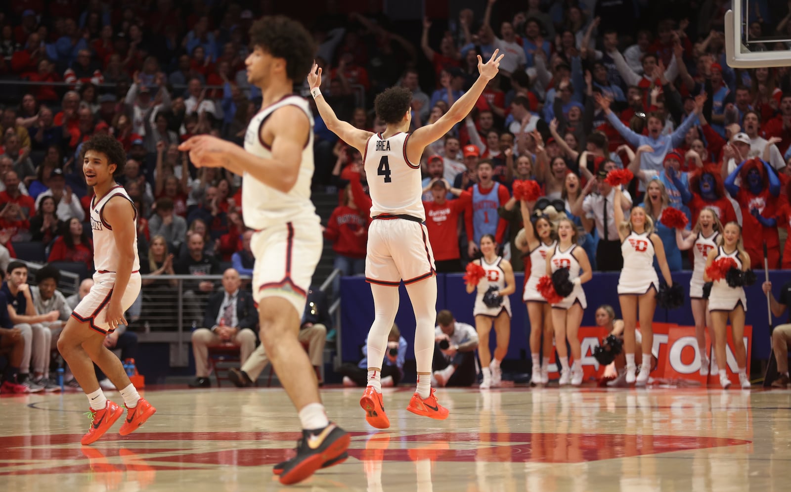 Dayton's Koby Brea reacts after making a 3-pointer against George Washington on Tuesday, Jan. 30, 2024, at UD Arena. David Jablonski/Staff