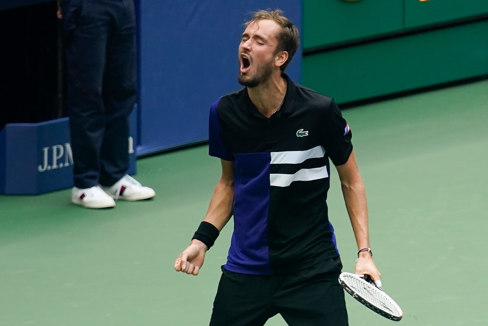 Daniil Medvedev, of Russia, reacts after defeating Andrey Rublev, of Russia, during the quarterfinals of the US Open tennis championships, Wednesday, Sept. 9, 2020, in New York. (AP Photo/Seth Wenig)