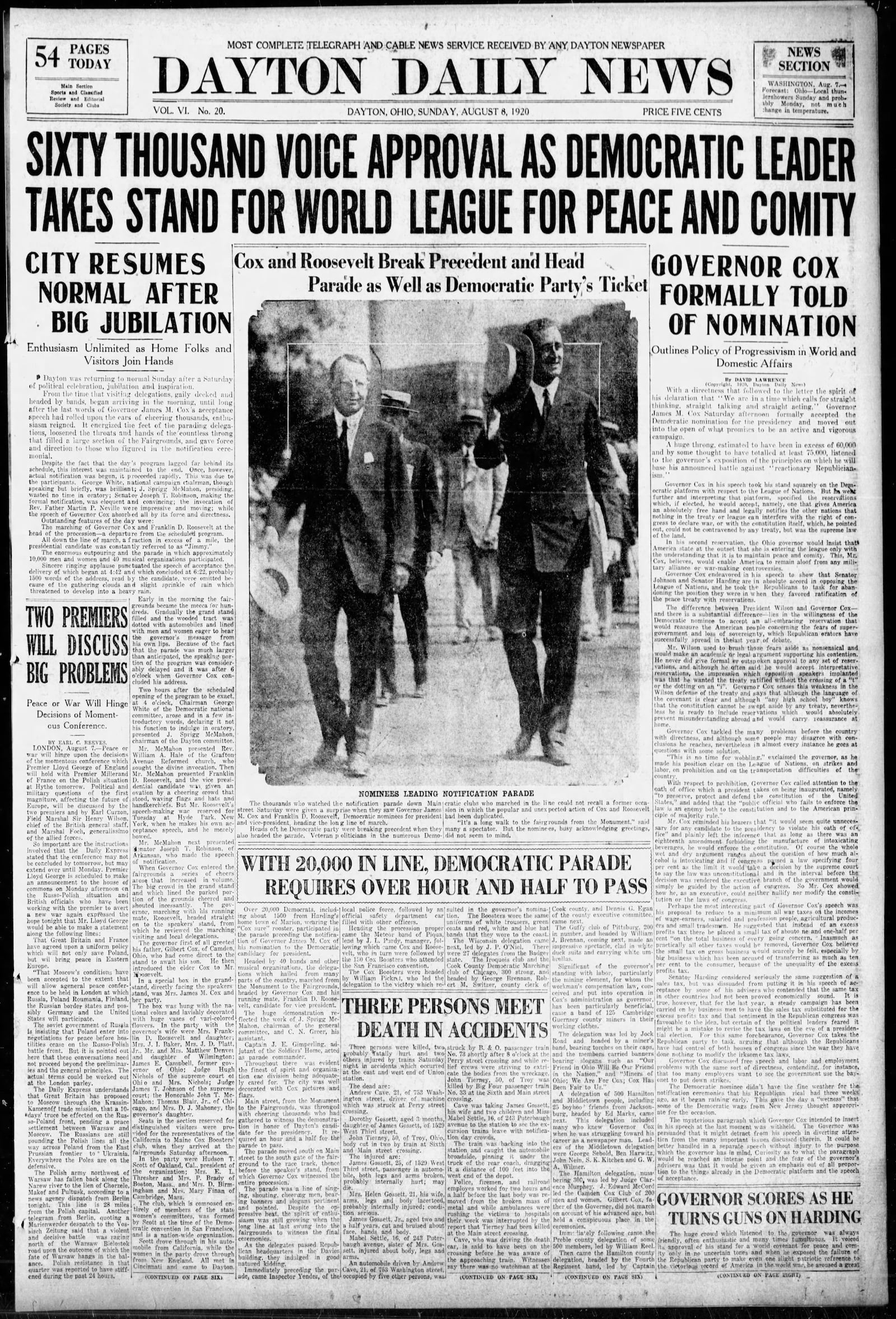 On Aug. 7, 1920, Franklin D. Roosevelt came to Dayton to meet with former Ohio Governor James M. Cox — the Democratic Party’s presidential candidate — and accept the nomination for vice president.