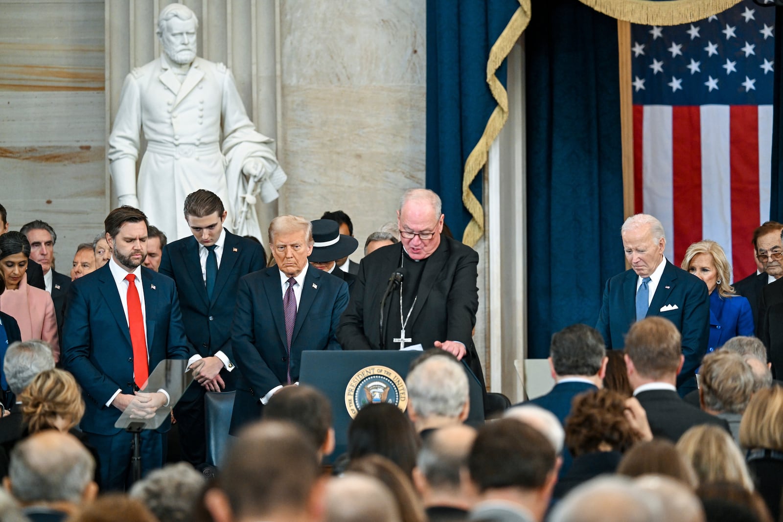 Cardinal Timothy Dolan speaks during the 60th Presidential Inauguration in the Rotunda of the U.S. Capitol in Washington, Monday, Jan. 20, 2025. (Kenny Holston/The New York Times via AP, Pool)