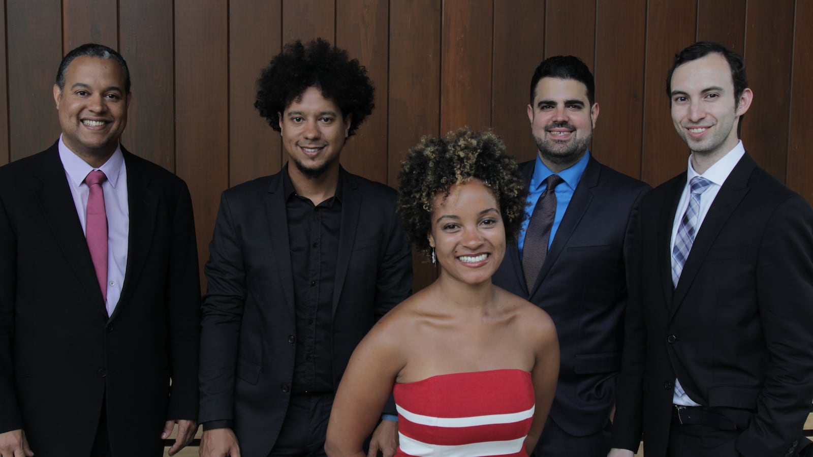 Pianist Aldo López-Gavilán (second from left) joins Harlem Quartet, (left to right) Ilmar Gavilán, Melissa White, Jaime Amador and Felix Umansky, in a Vanguard Legacy Concert in the University of Dayton’s Sears Recital Hall on Sunday, Feb. 27.