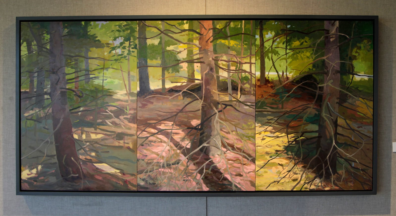 "Three Equals Four, Pines" oil on panel by Jean Koeller.  âStories,â the work of four regional painters, Cedric Cox, Jean Koeller, Morris Howard and Ann Kim, is on display in the Burnell R. Roberts Triangle Gallery at Sinclair Community College.  LISA POWELL / STAFF