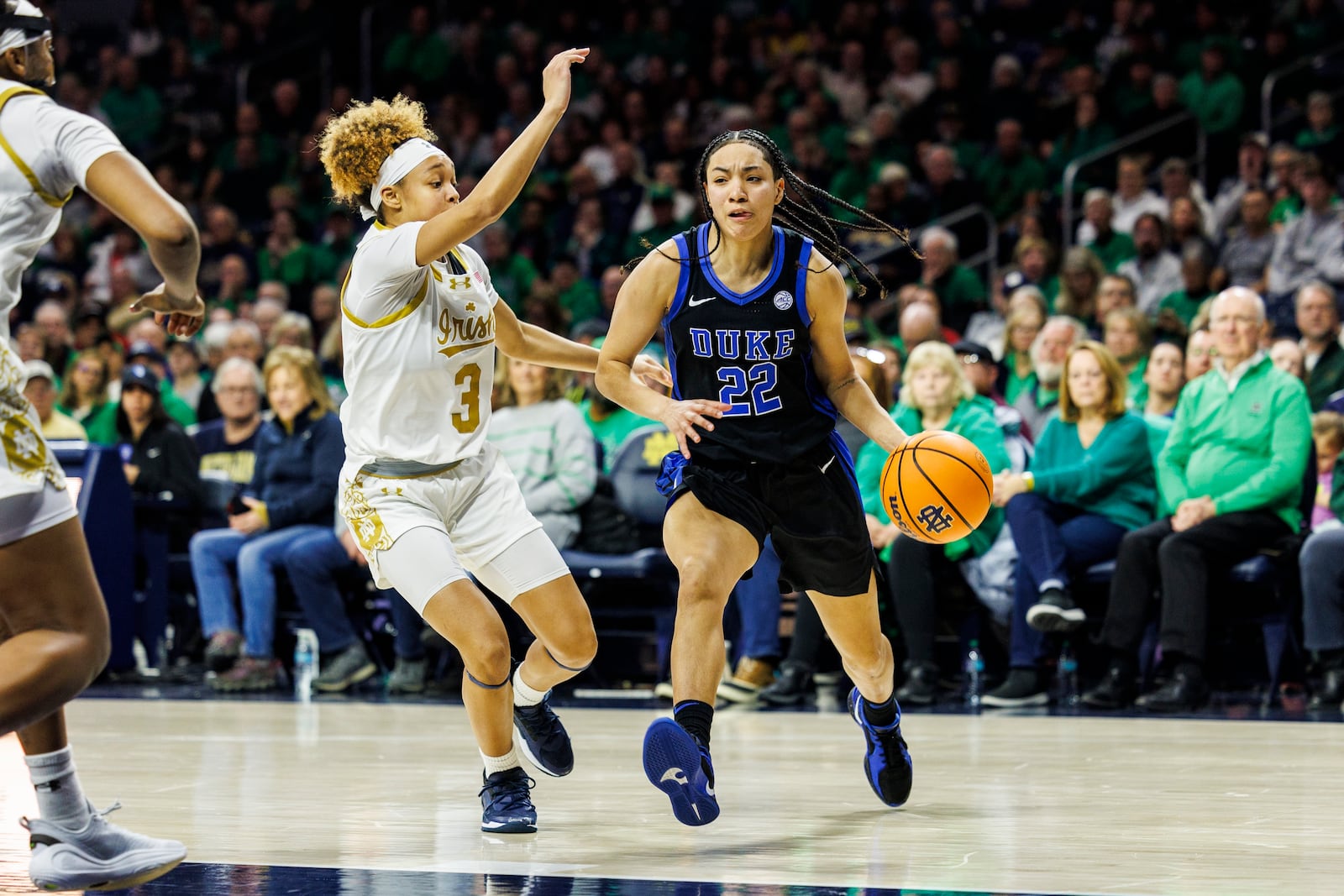 Duke guard Taina Mair (22) drives as Notre Dame guard Hannah Hidalgo (3) defends during the second half of an NCAA college basketball game, Monday, Feb. 17, 2025, in South Bend, Ind. (AP Photo/John Mersits)