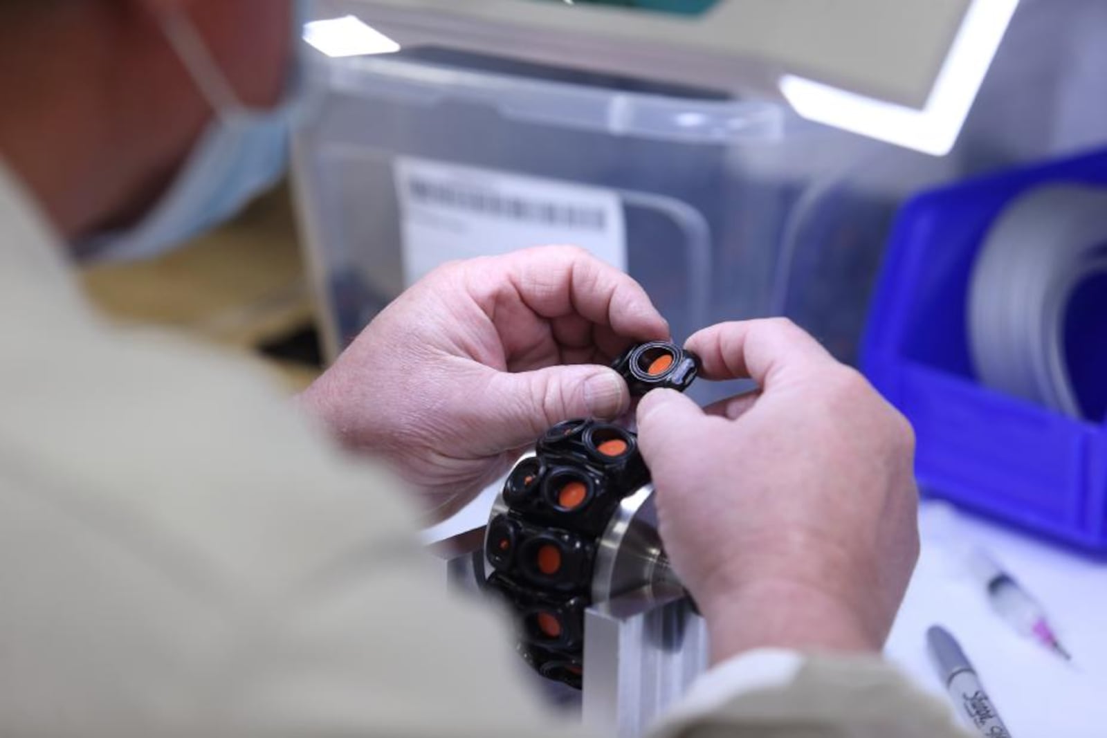 A Honda worker in Marysville assembles ventilator parts.