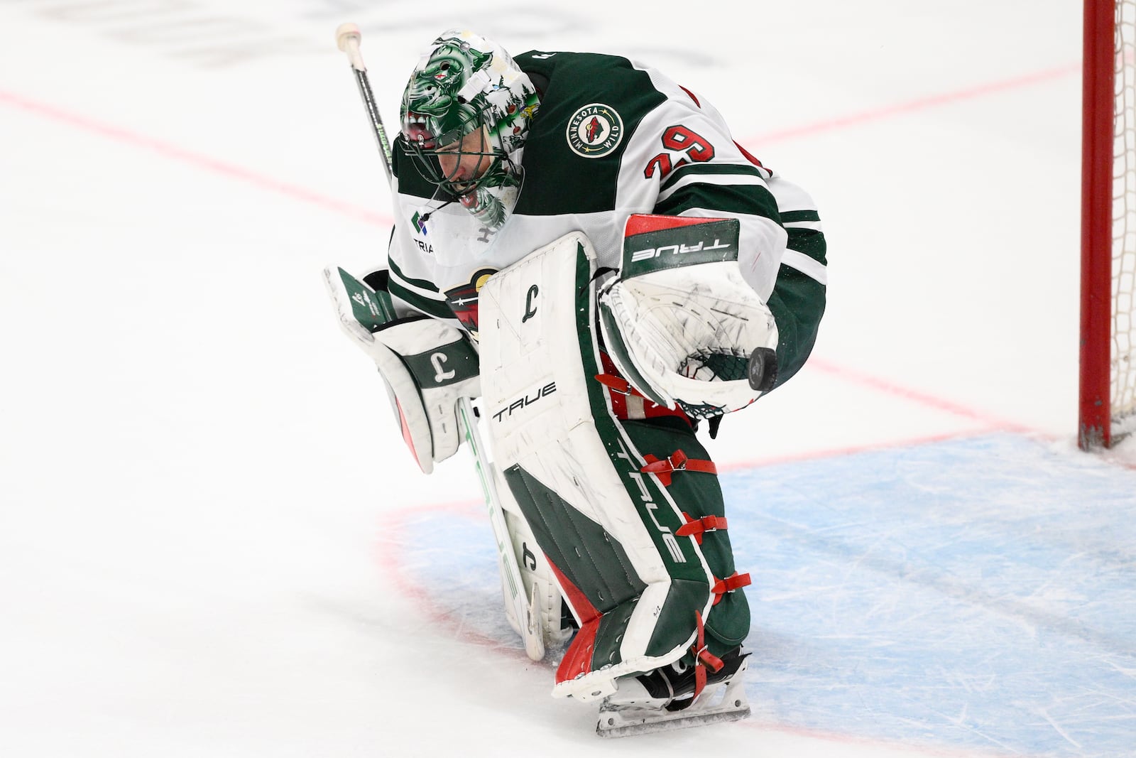 Minnesota Wild goaltender Marc-Andre Fleury (29) stops a shot by Washington Capitals left wing Alex Ovechkin during the shootout of an NHL hockey game, Thursday, Jan. 2, 2025, in Washington. The Wild won 4-3 in a shootout. (AP Photo/Nick Wass)