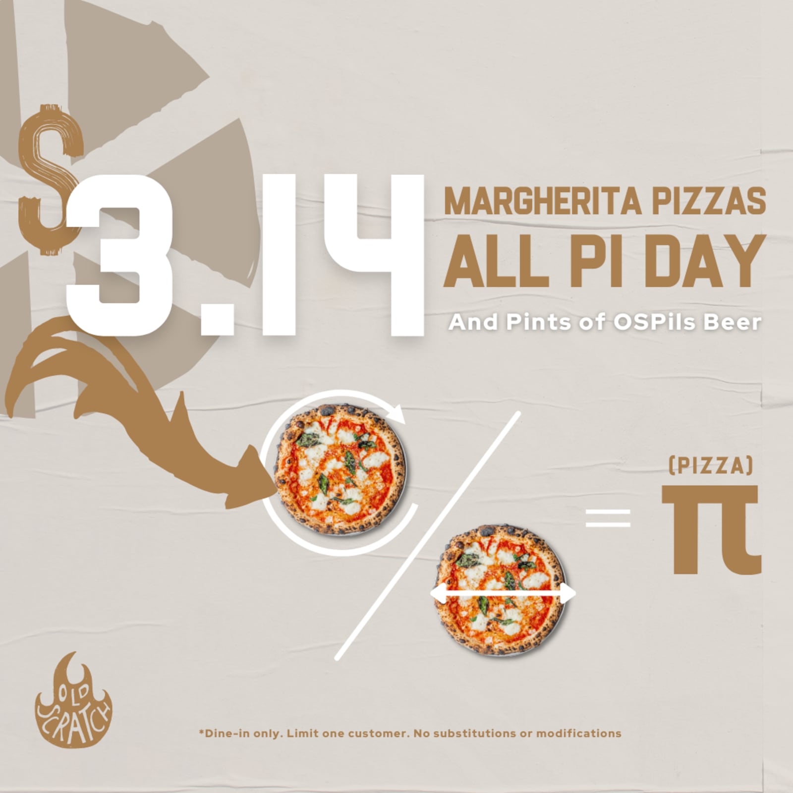 All three Old Scratch Pizza locations will be offering $3.14 Margherita pizzas and OSPils Italian-style Pilsner pints on Pi Day (CONTRIBUTED PHOTO).