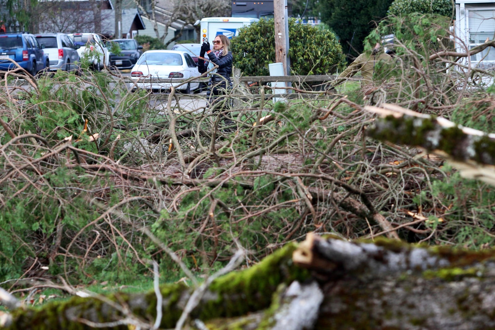 A woman takes pictures of damage left to a park by a "bomb cyclone" storm in Issaquah, Wash., Wednesday, Nov. 20, 2024. (AP Photo/Manuel Valdes)