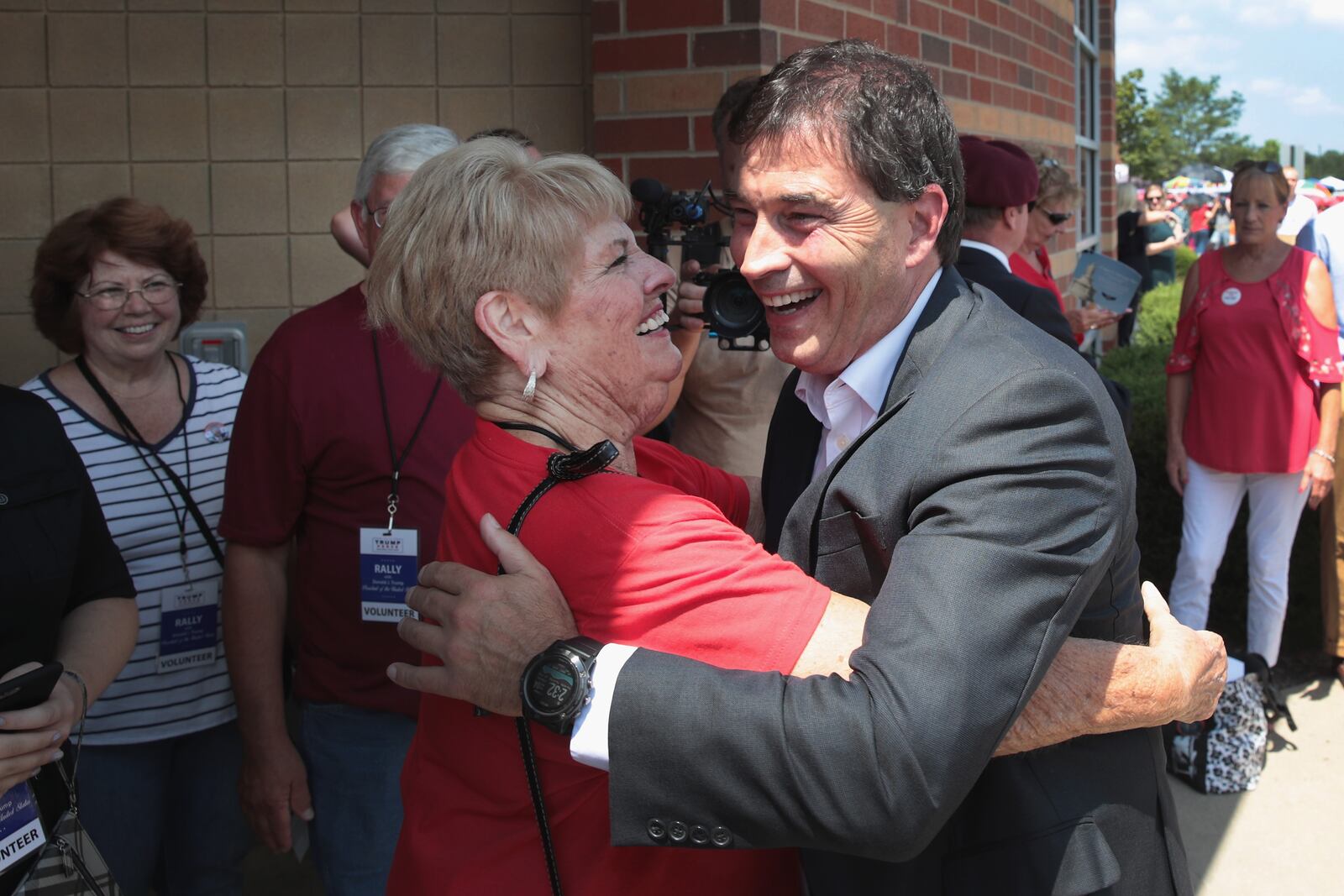 Republican congressional candidate Troy Balderson greets guests before the start of a rally with President Donald Trump August 4, 2018 in Lewis Center, Ohio. Balderson faces Democratic challenger Danny O’Connor for Ohio’s 12th Congressional District on Tuesday. Trump was at the rally to show support for Balderson. (Photo by Scott Olson/Getty Images)