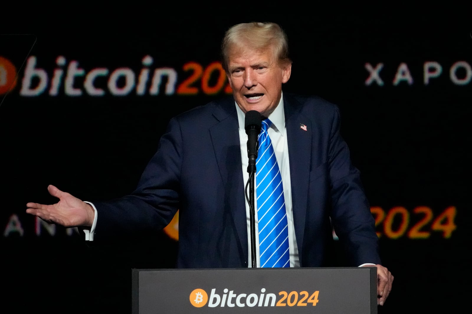 FILE - Republican presidential candidate former President Donald Trump speaks at the Bitcoin 2024 Conferenc, July 27, 2024, in Nashville, Tenn. (AP Photo/Mark Humphrey, File)