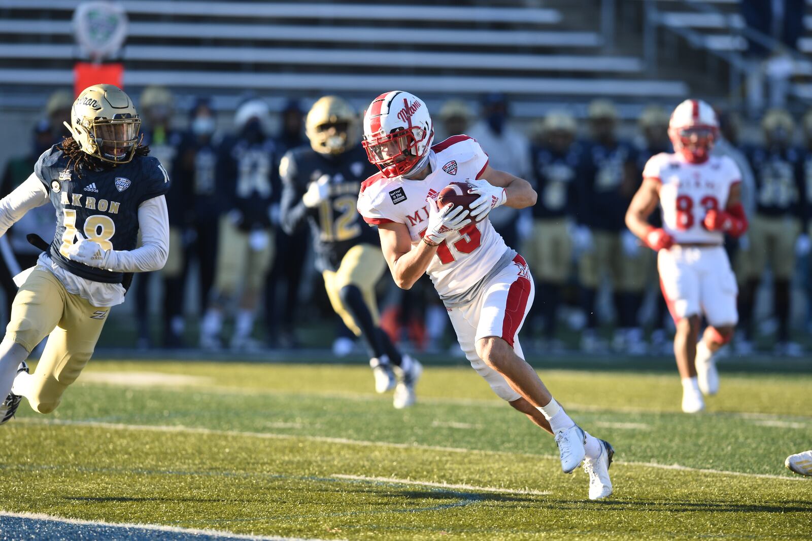 Miami wide receiver Jack Sorenson runs with the ball after making a catch against Akron on Nov. 28, 2020. Jeff Harwell/Akron Athletics