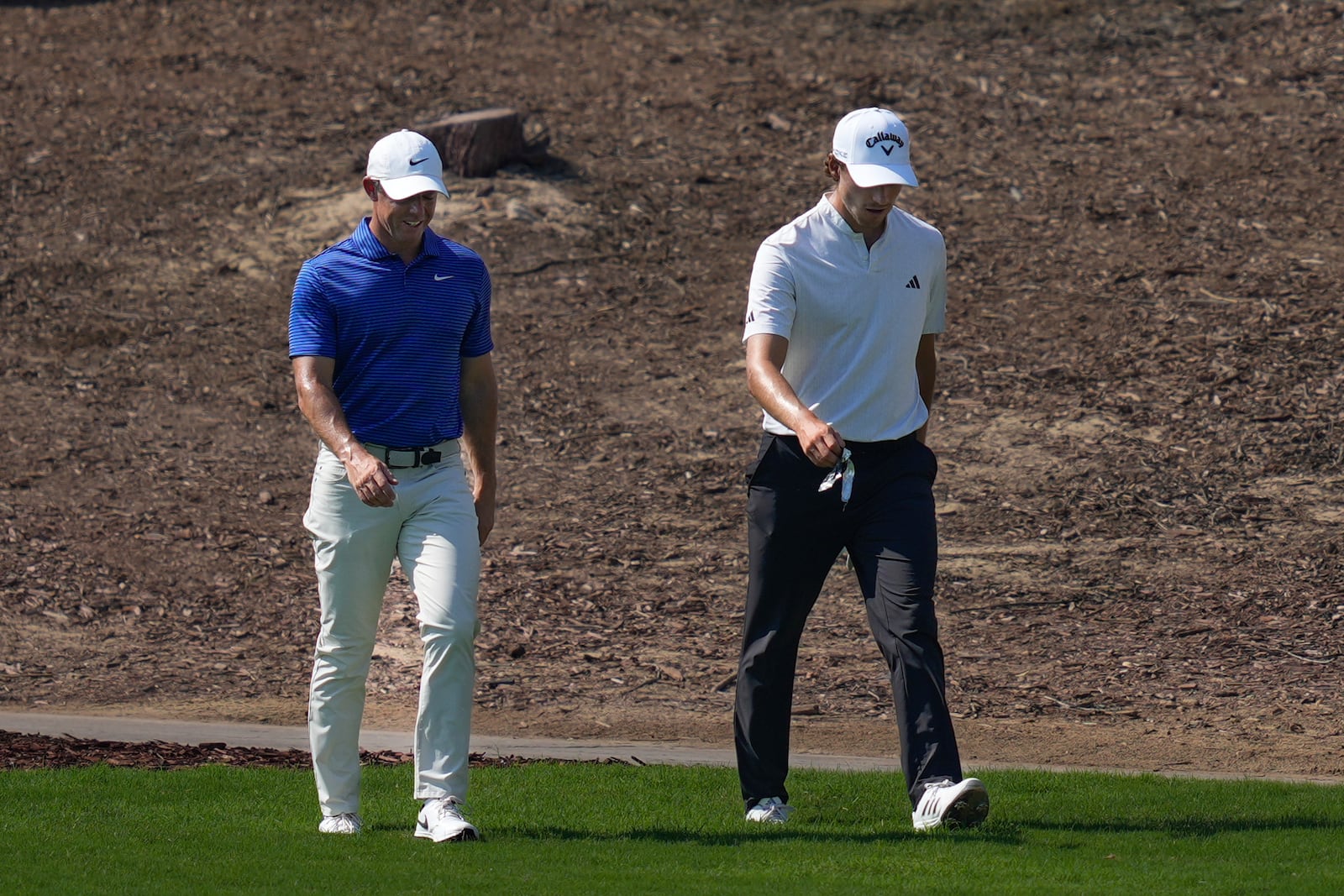 Rory McIlroy of Northern Ireland, left, and Rasmus Højgaard of Denmark walk to take their second shot on 4th hole in the final round of World Tour Golf Championship in Dubai, United Arab Emirates, Sunday, Nov. 17, 2024. (AP Photo/Altaf Qadri)