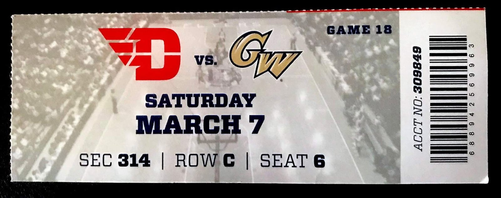 Dayton Flyers ticket stub from March 7, 2020