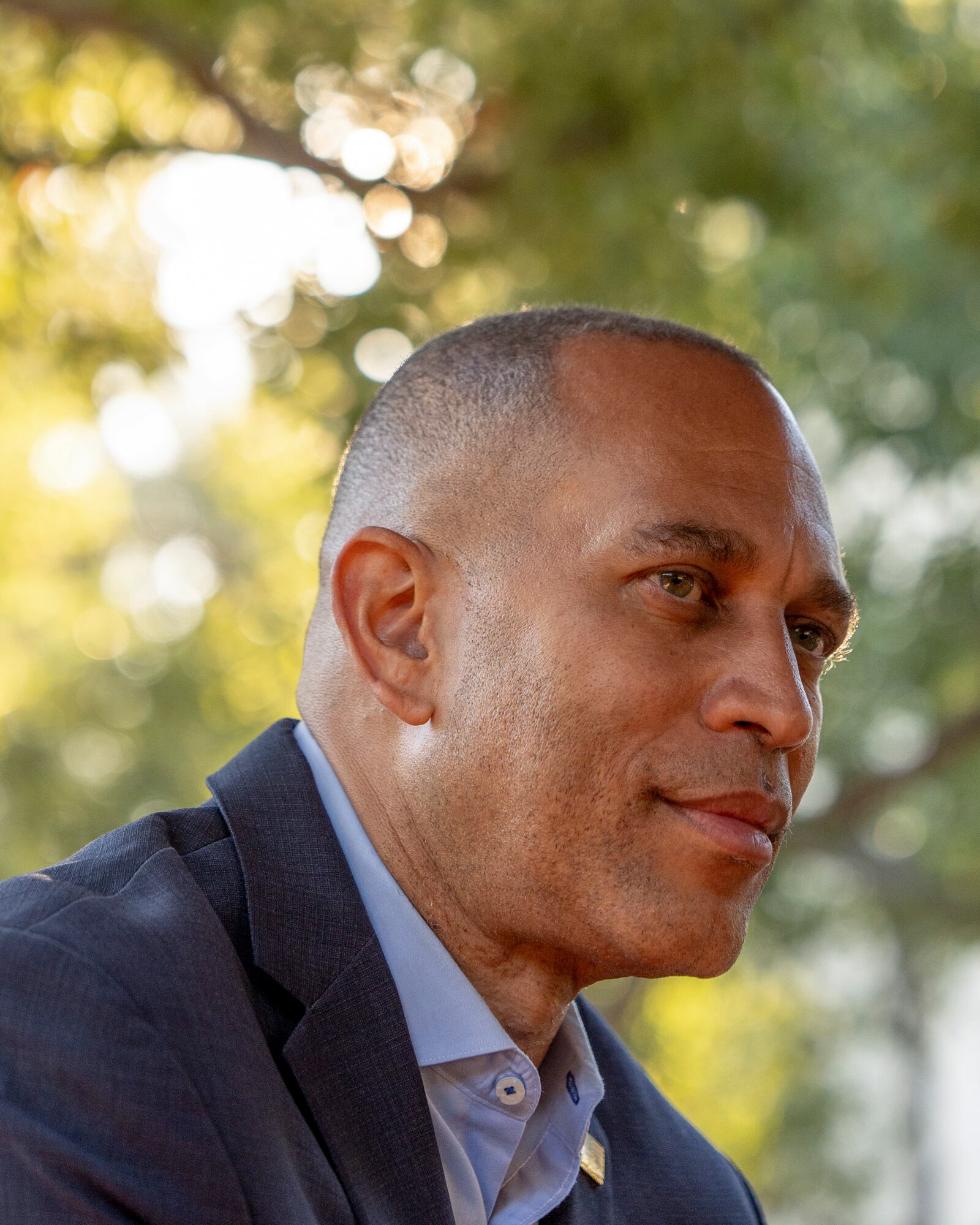 House Minority Leader Hakeem Jeffries, D-N.Y., center, during an interview with The Associated Press, Saturday, Oct. 12, 2024, in Irvine, Calif. (AP Photo/Julia Demaree Nikhinson)