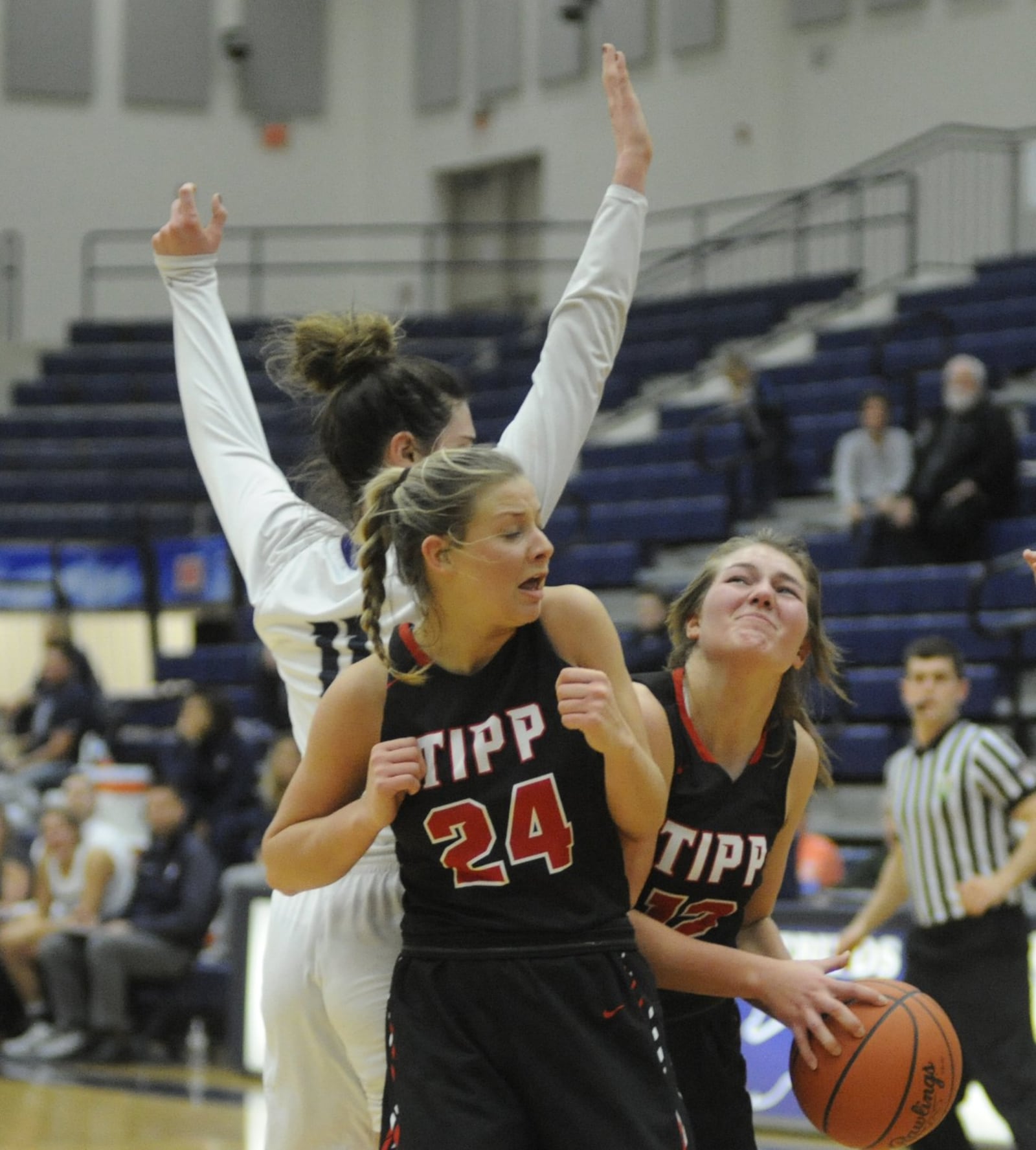 Brooke Aselage of Tippecanoe (with ball) avoids Mali Morgan-Elliott of Fairmont (rear) and teammate Kendall Clodfelter. Fairmont defeated visiting Tipp 55-26 in a girls high school basketball game on Saturday, Dec. 29, 2018. MARC PENDLETON / STAFF