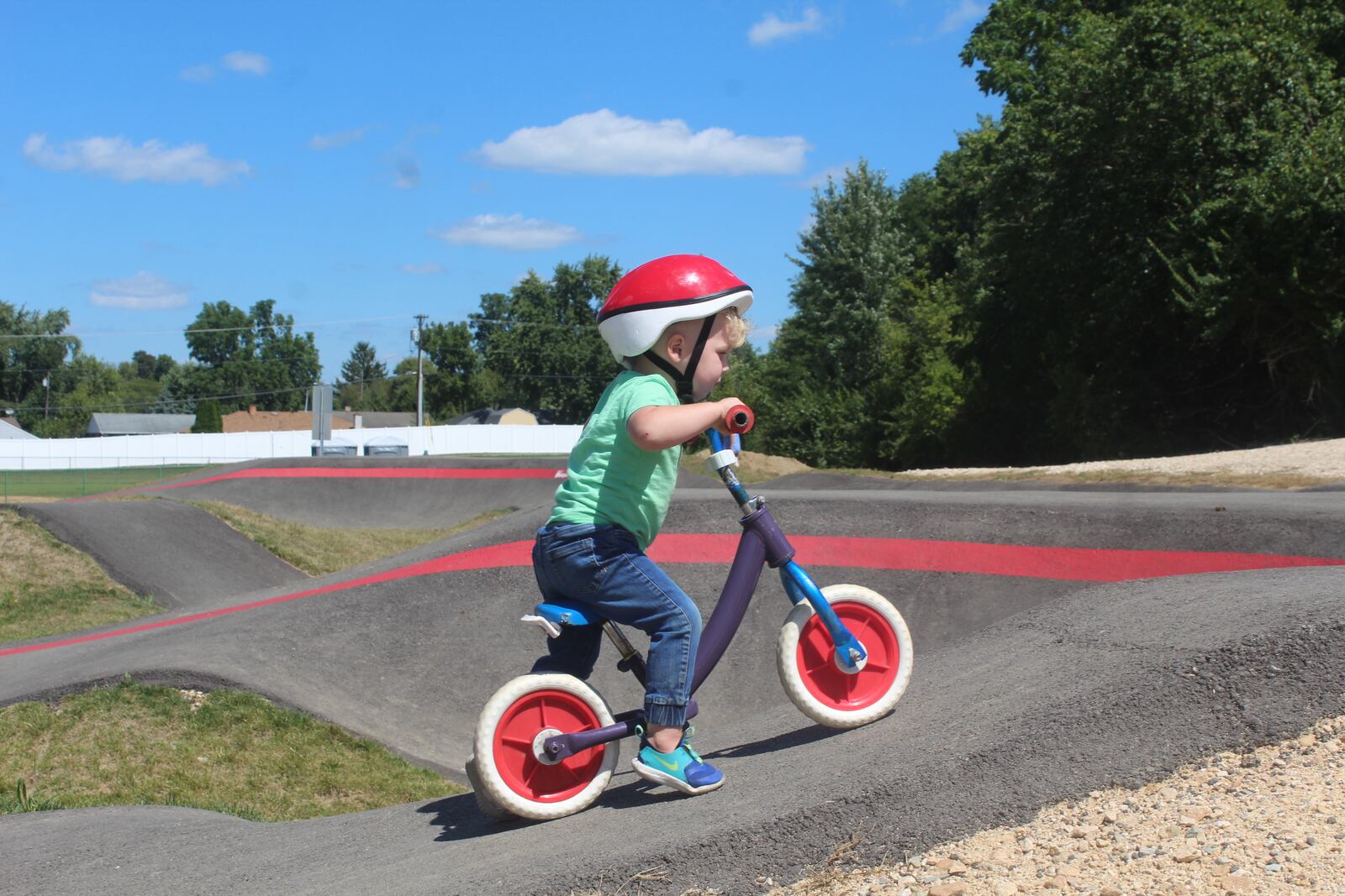 Coleson Porter, 2, at the Huber Heights bike and skate park on Wednesday, Aug. 31, 2022. His brother, Maclynn, likes the park so much he wants to have his next birthday party there. CORNELIUS FROLIK / STAFF