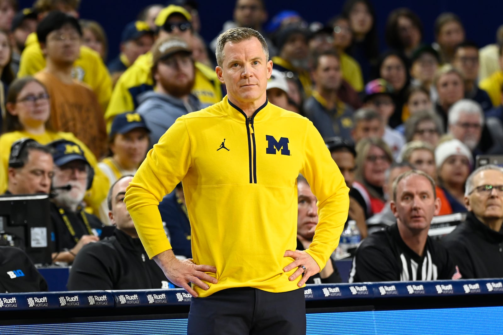 Michigan head coach Dusty May watches his team during the first half of an NCAA college basketball game against Illinois, Sunday, March 2, 2025, in Ann Arbor, Mich. (AP Photo/Jose Juarez)