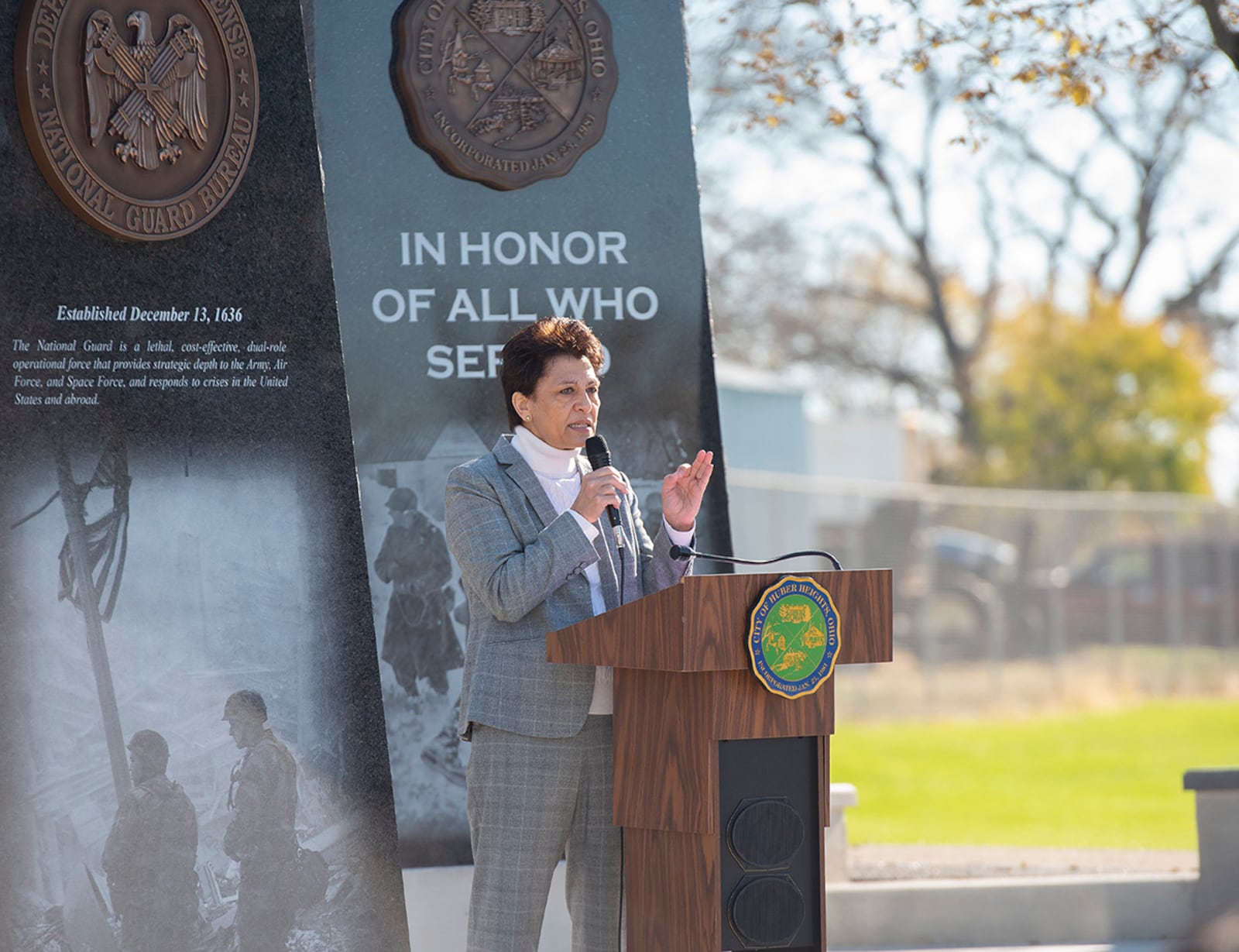 Retired Air Force Col. Cassie Barlow, former 88th Air Base Wing commander, speaks at a dedication and ribbon-cutting ceremony Nov. 6 for the new Veterans Memorial Park at Thomas A. Cloud Park in Huber Heights. Barlow said 10% of Huber Heights residents are veterans. U.S. AIR FORCE PHOTO/R.J. ORIEZ