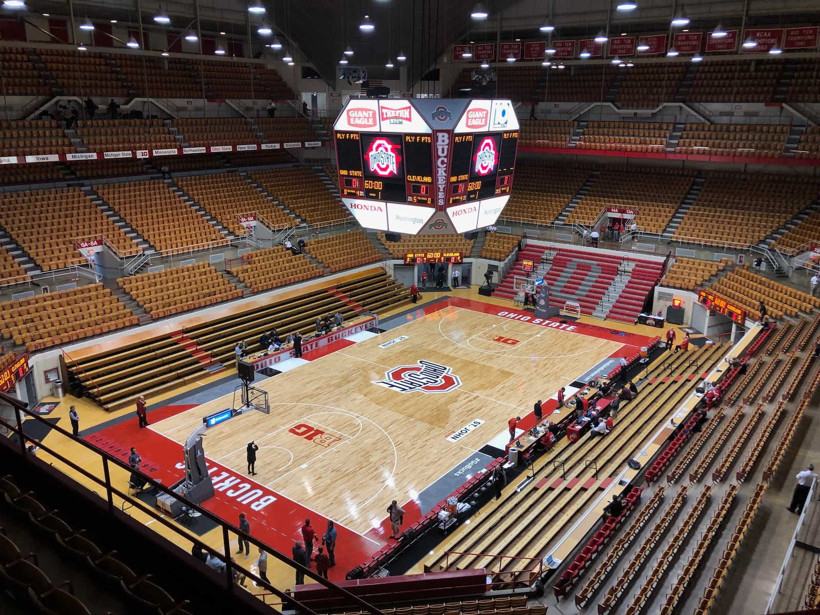 A wide shot of St. John Arena court and scoreboard taken in November 2018 at Ohio State. (Photo: Marcus Hartman/staff)