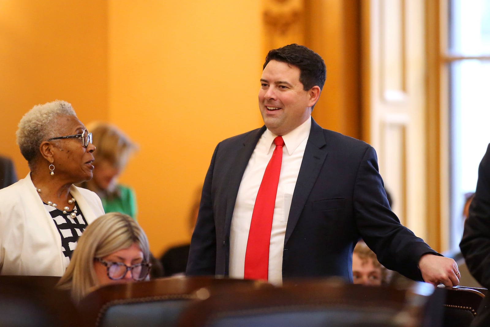 Rob McColley, Ohio Senate Republican from the 1st District, speaks with colleagues at the Ohio State House Senate Chambers in Columbus, Ohio, Wednesday, Feb. 28, 2024. (AP Photo/Joe Maiorana)