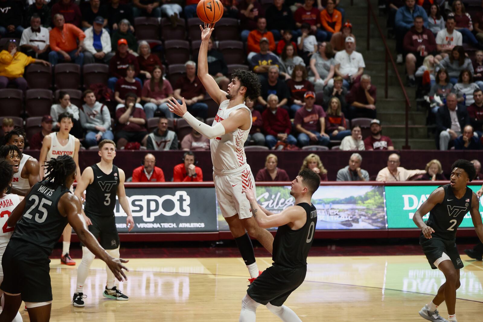 Dayton's Mustapha Amzil shoots against Virginia Tech on Wednesday, Dec. 7, 2022, at Cassell Coliseum in Blacksburg, Va. David Jablonski/Staff