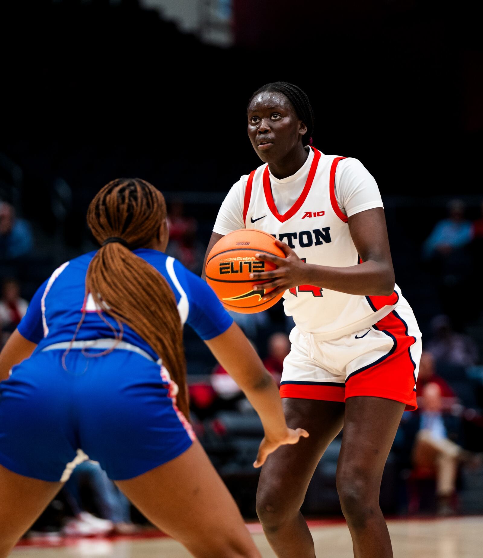 Dayton's Ajok Madol eyes a shot during a game earlier this season vs. Tennessee State at UD Arena. UD Athletics photo