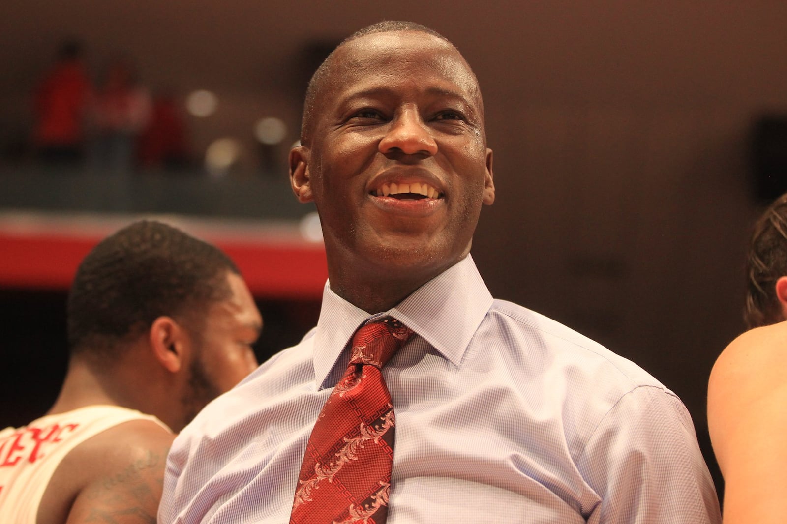 Dayton’s Anthony Grant smiles after a victory against Davidson on Friday, Feb. 28, 2020, at UD Arena. David Jablonski/Staff