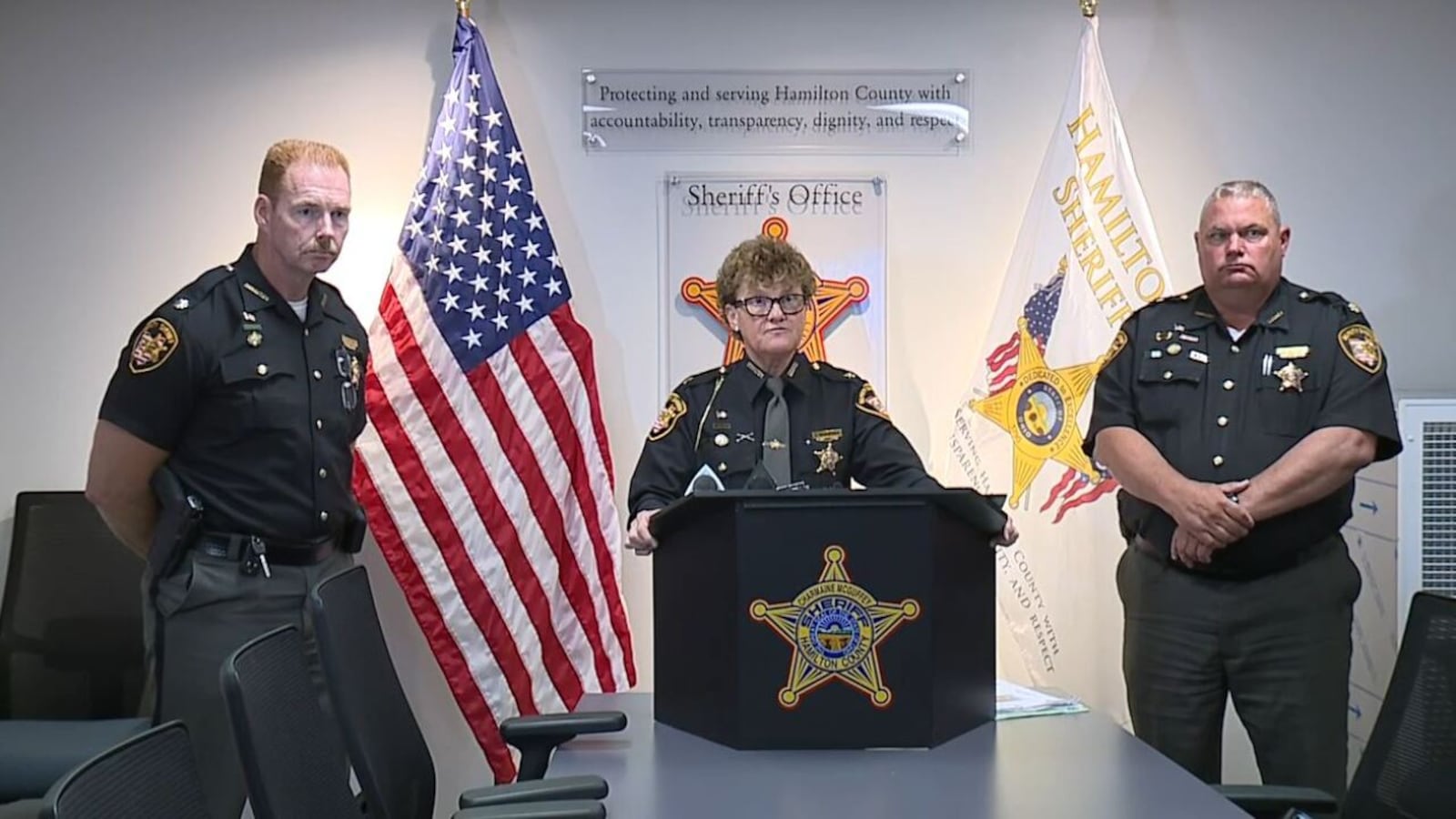 Hamilton County Sheriff Charmaine McGuffey speaks about recent inmate escapes. PHOTO BY MADDY SCHMIDT/WCPO