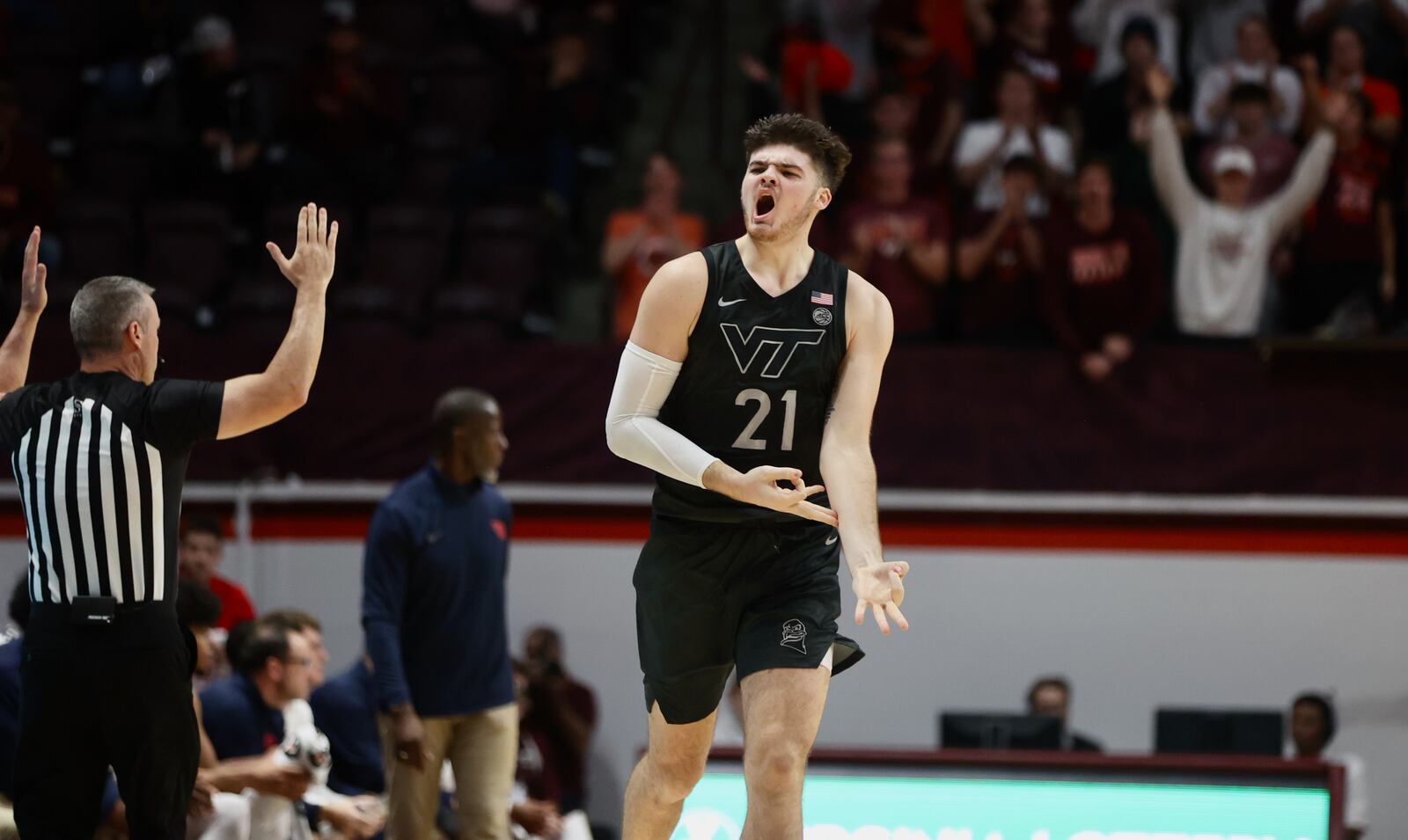 Virginia Tech's Grant Basile celebrates after a basket against Dayton on Wednesday, Dec. 7, 2022, at Cassell Coliseum in Blacksburg, Va. David Jablonski/Staff