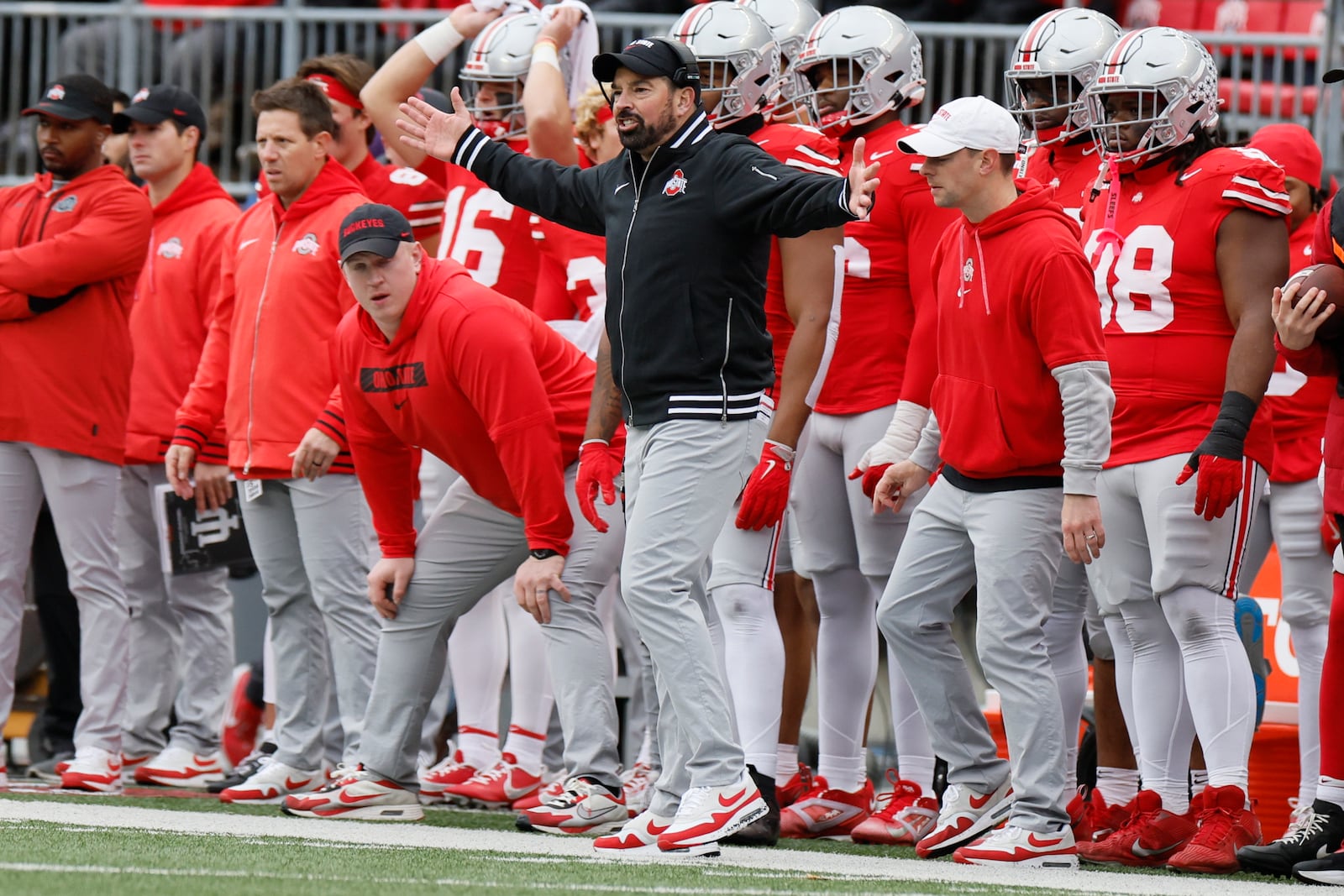 Ohio State head coach Ryan Day shouts to his players during the second half of an NCAA college football game against Indiana, Saturday, Nov. 23, 2024, in Columbus, Ohio. (AP Photo/Jay LaPrete)