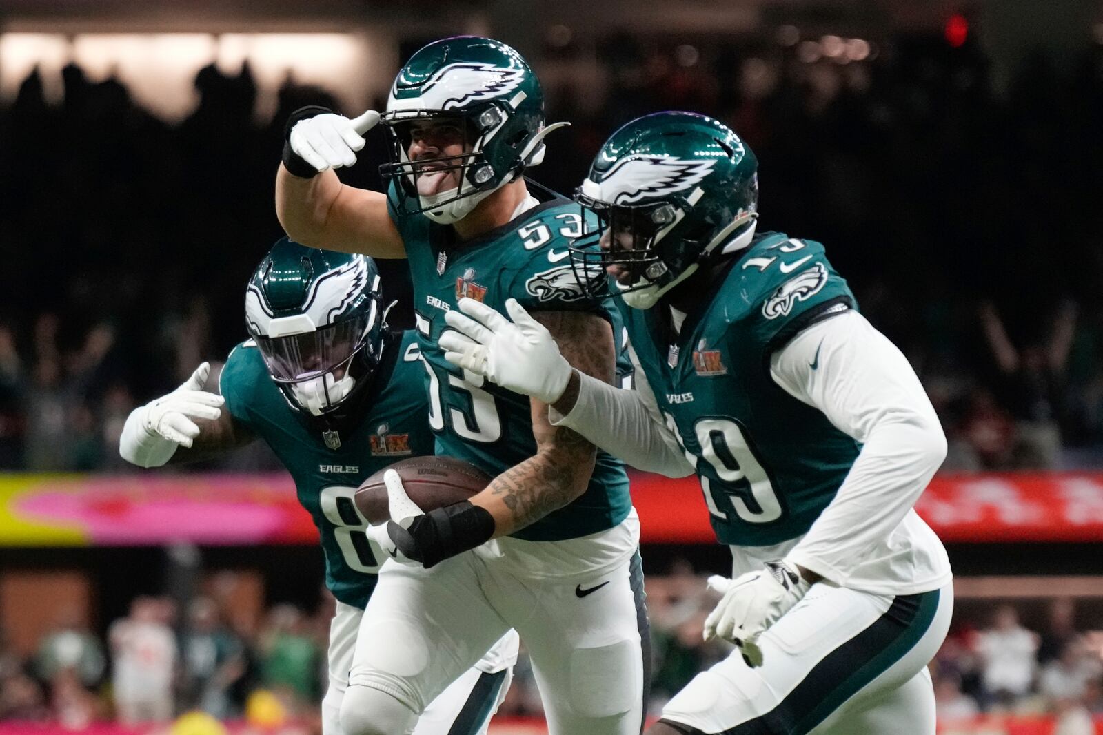 Philadelphia Eagles linebacker Zack Baun (53) celebrates with teammates after intercepting a pass during the first half of the NFL Super Bowl 59 football game against the Kansas City Chiefs, Sunday, Feb. 9, 2025, in New Orleans. (AP Photo/George Walker IV)